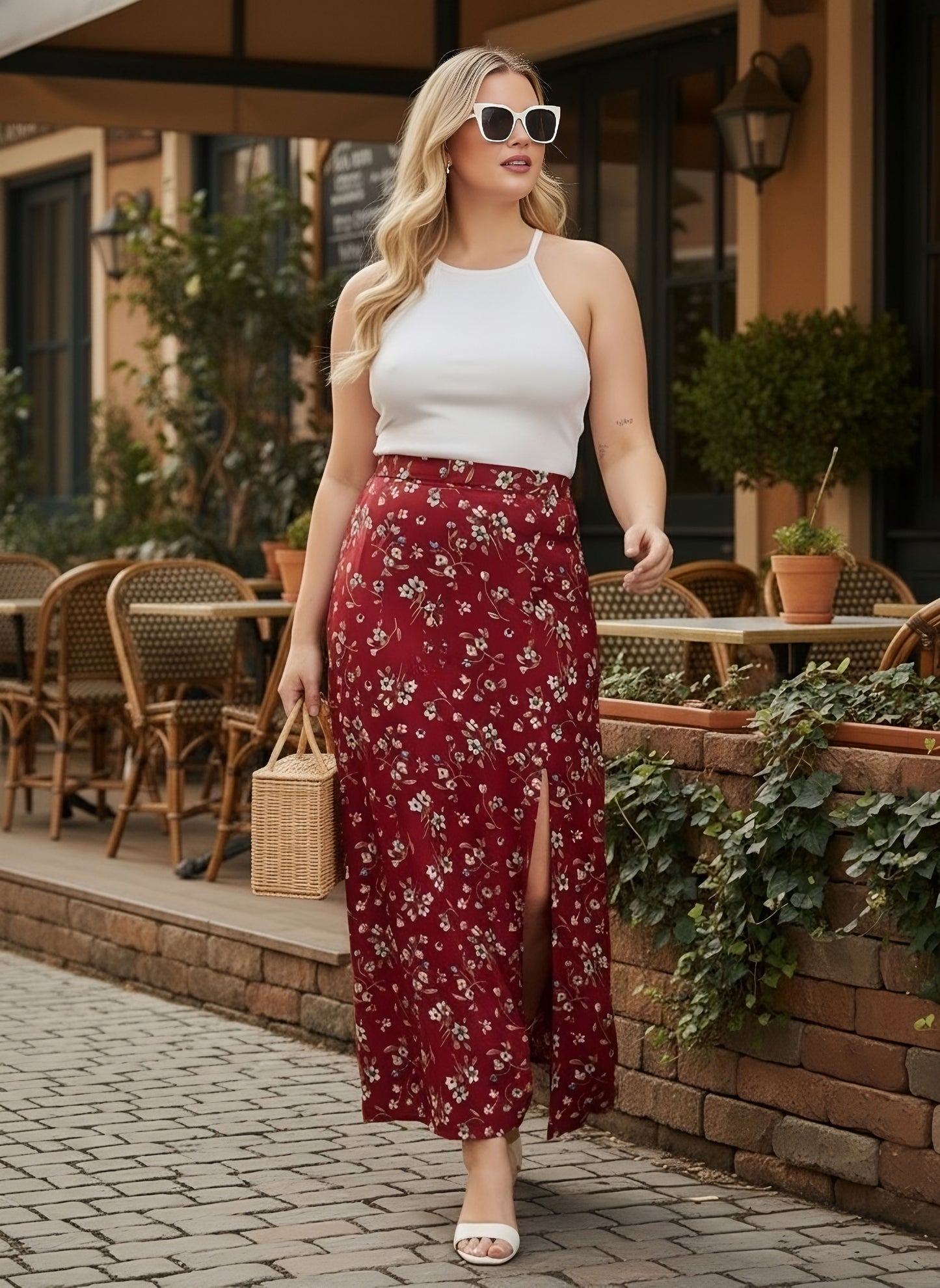 Berrylush Curve Women Red  Floral Print High Rise Side slit Maxi Skirt