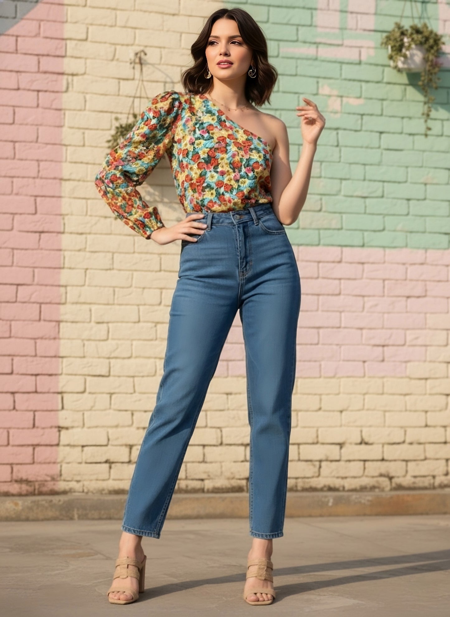 Berrylush Women Red, Green, & Yellow Floral Printed One-Shoulder Neck Crepe Woven Regular Top