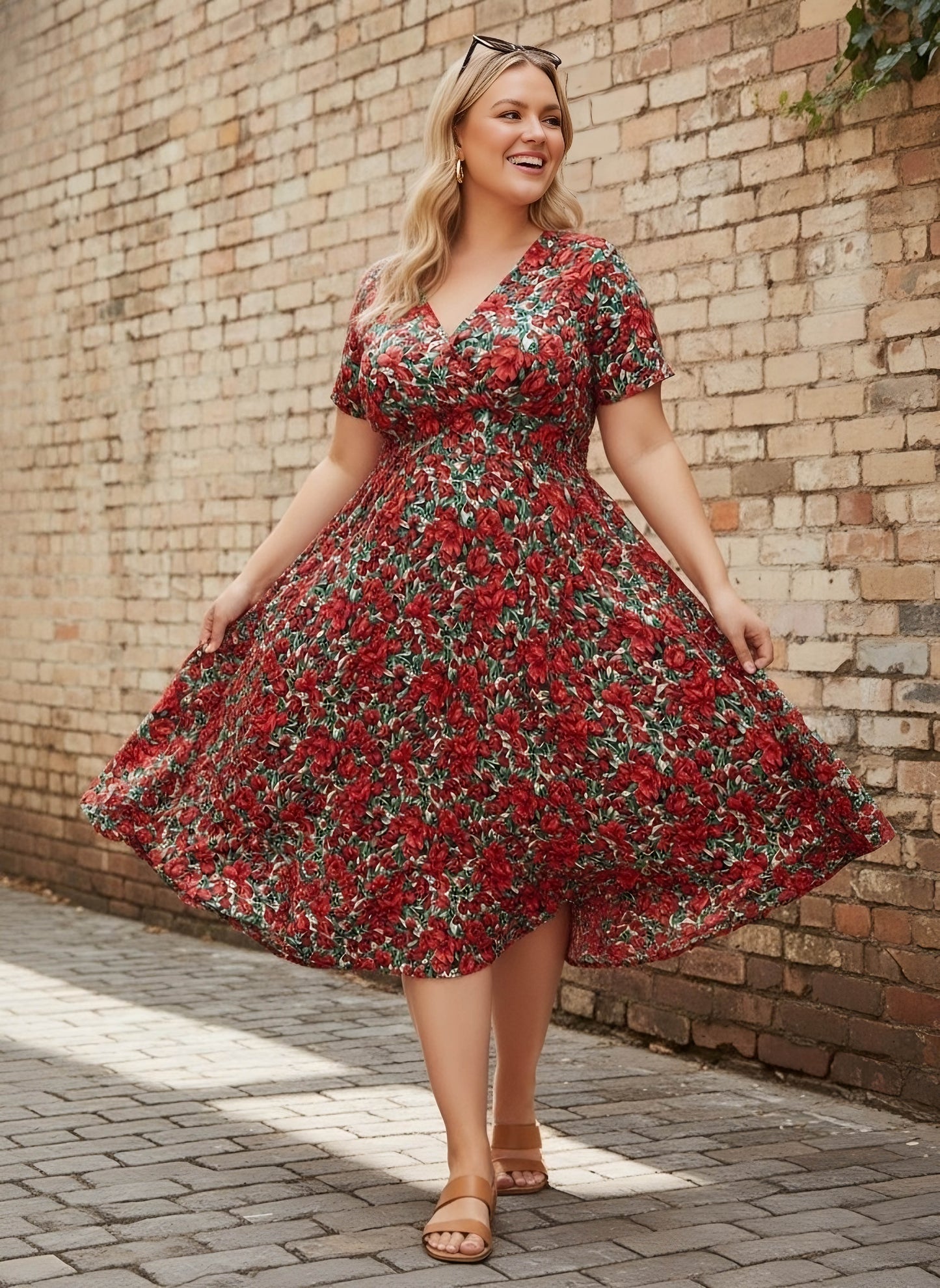 Berrylush Women Plus Size Red & Green Floral Printed V-Neck Crepe Flared Wrap Midi Dress