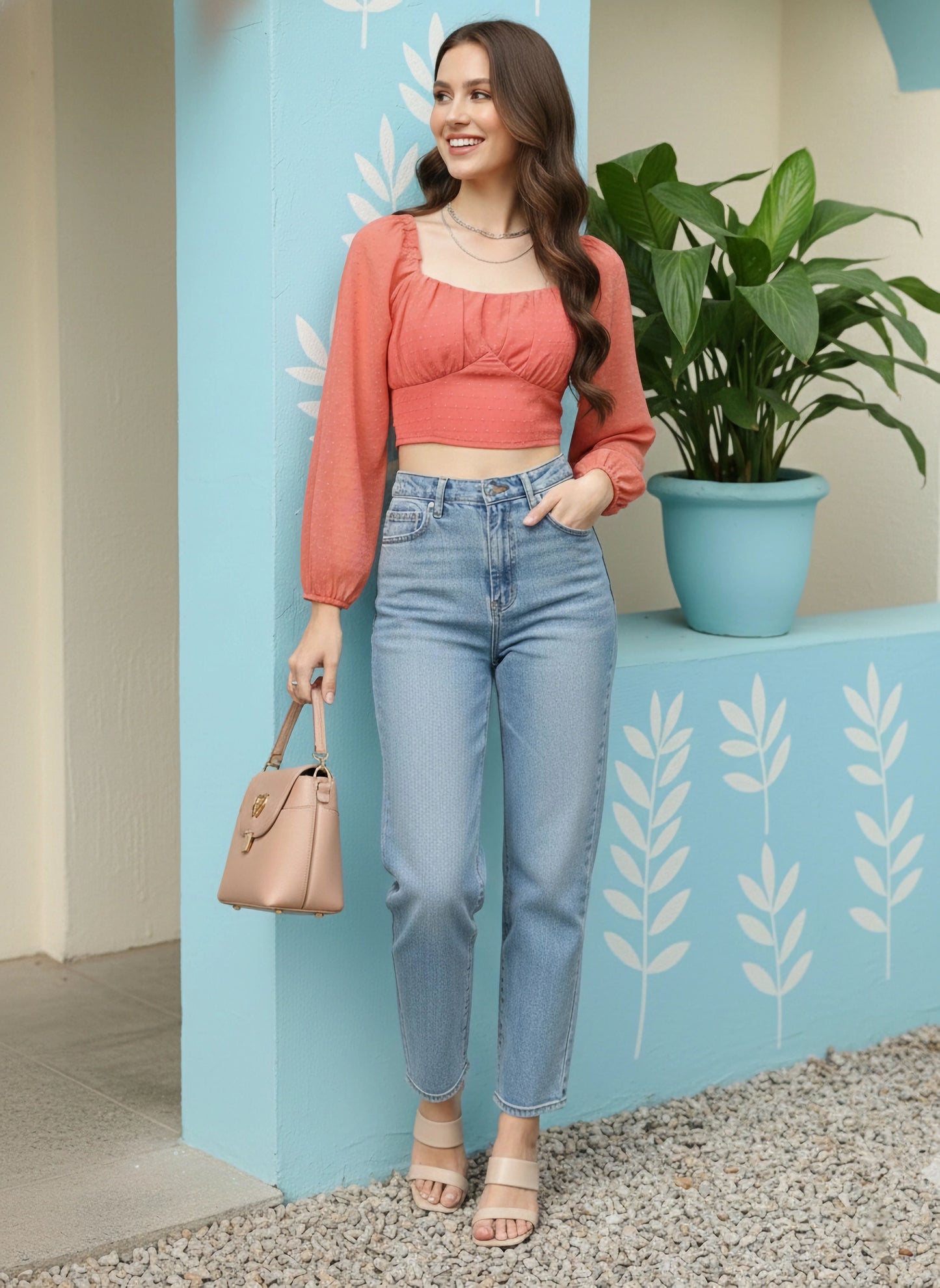 Berrylush Women Solid Pink Dobby Weave Sweetheart Neck Puff Sleeve Georgette Smocked Crop Top