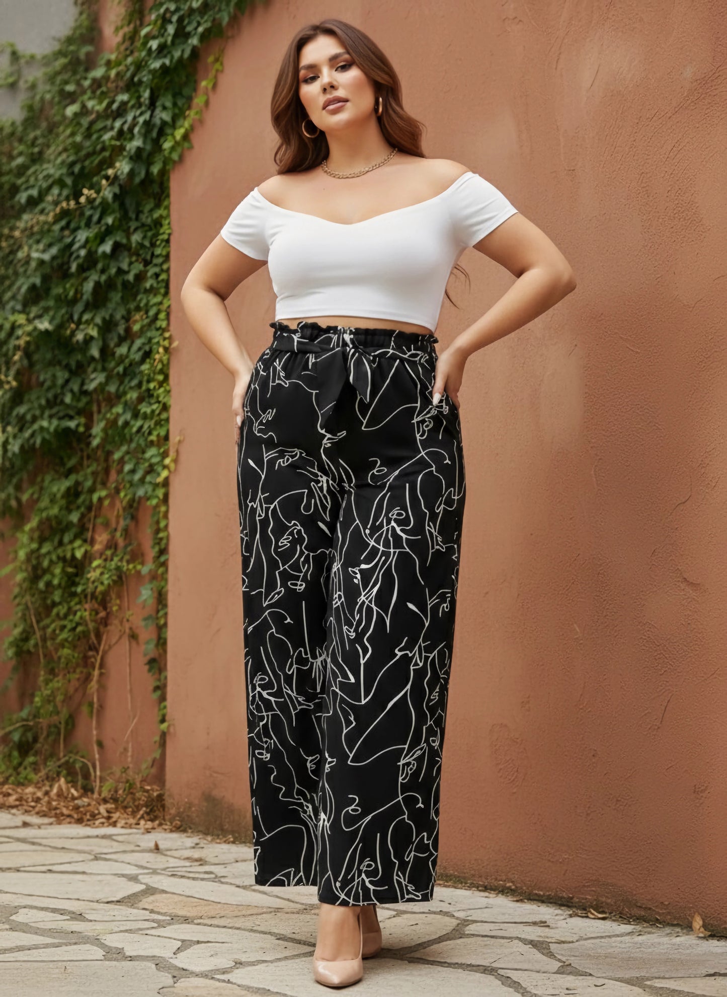 Berrylush Curve Women Black & White Abstract Printed High-Rise Tie-Up Waist Slip-On Flared Regular Trousers
