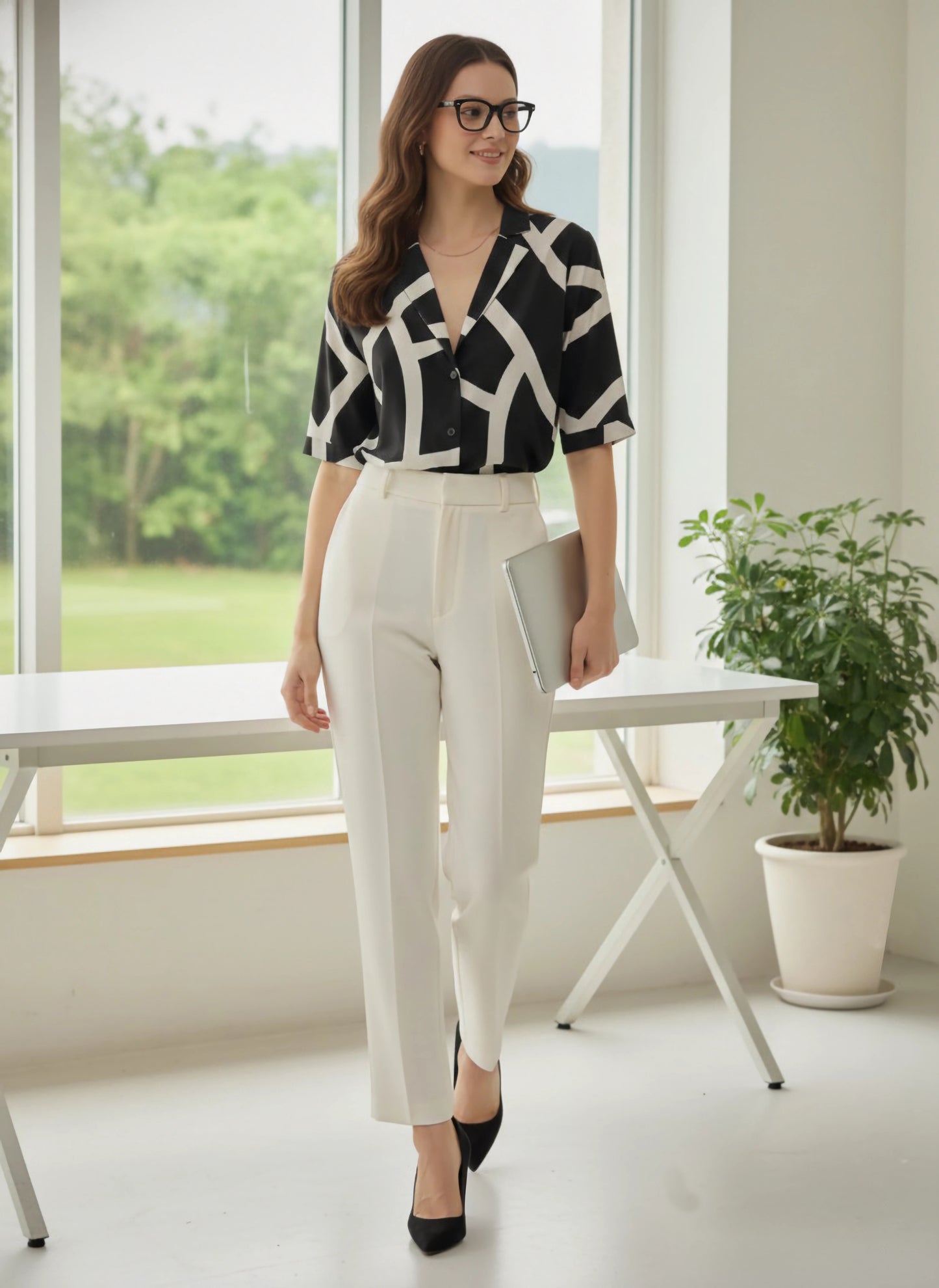 Berrylush BIZwear Women Black Printed Lapel Collar Regular Top