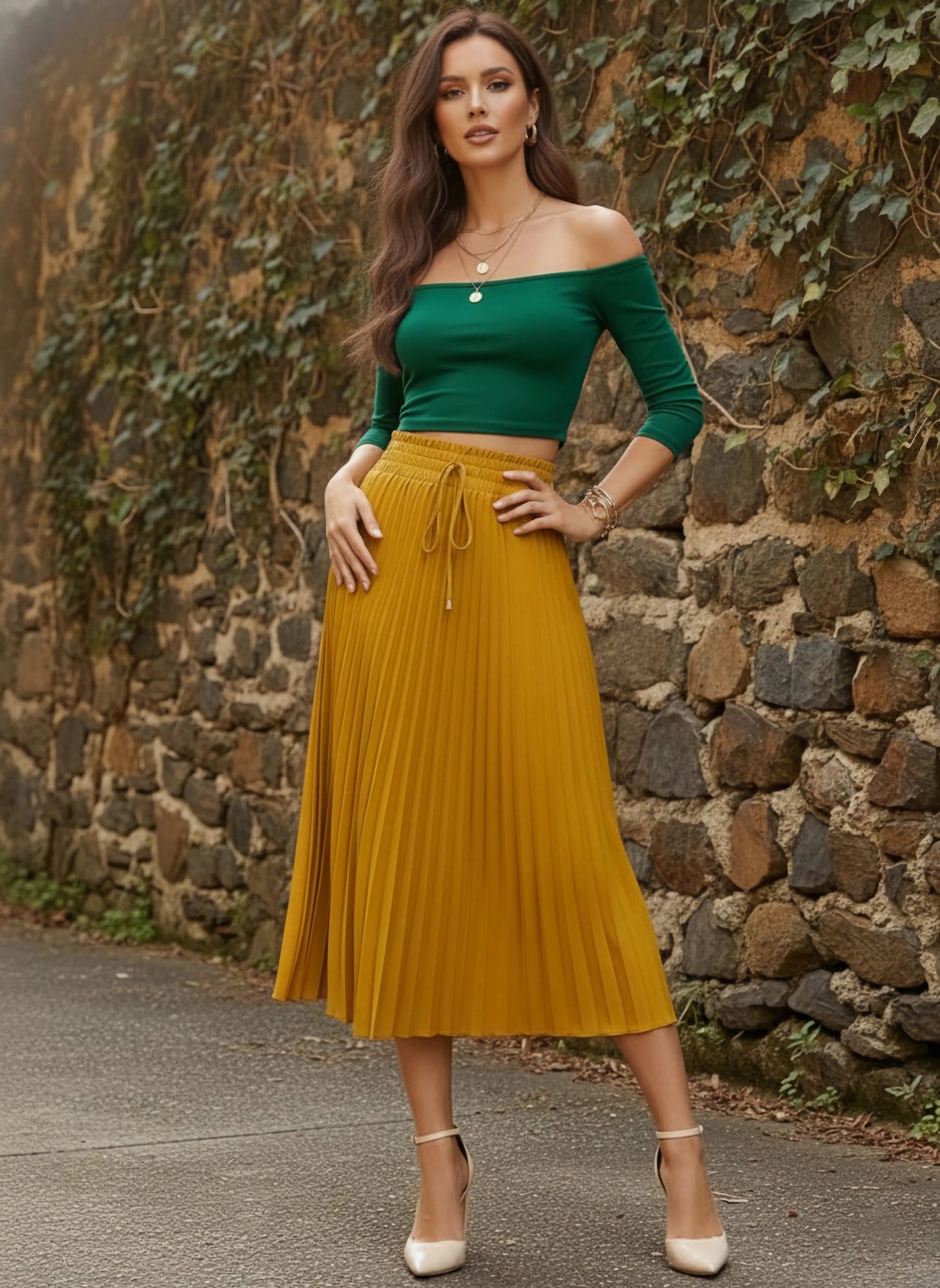 Solid Yellow High-Rise Elastic Waist Tie-Up Straight Hem Pleated Midi Skirt