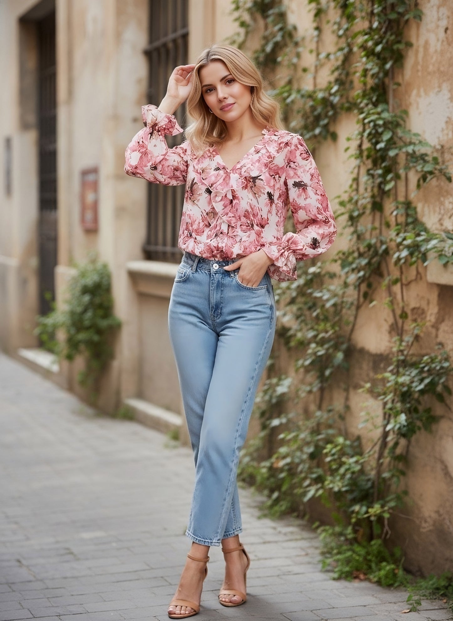 Berrylush Women Pink & White Floral Printed V-Neck Puff Sleeve Ruffled Regular Top