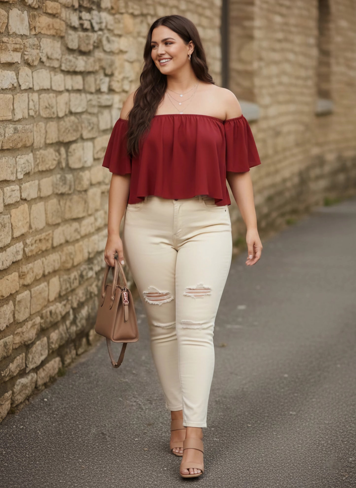 Berrylush Women Plus Size Solid Maroon Off-Shoulder Neck Crepe Ruffled Bardot Crop Top