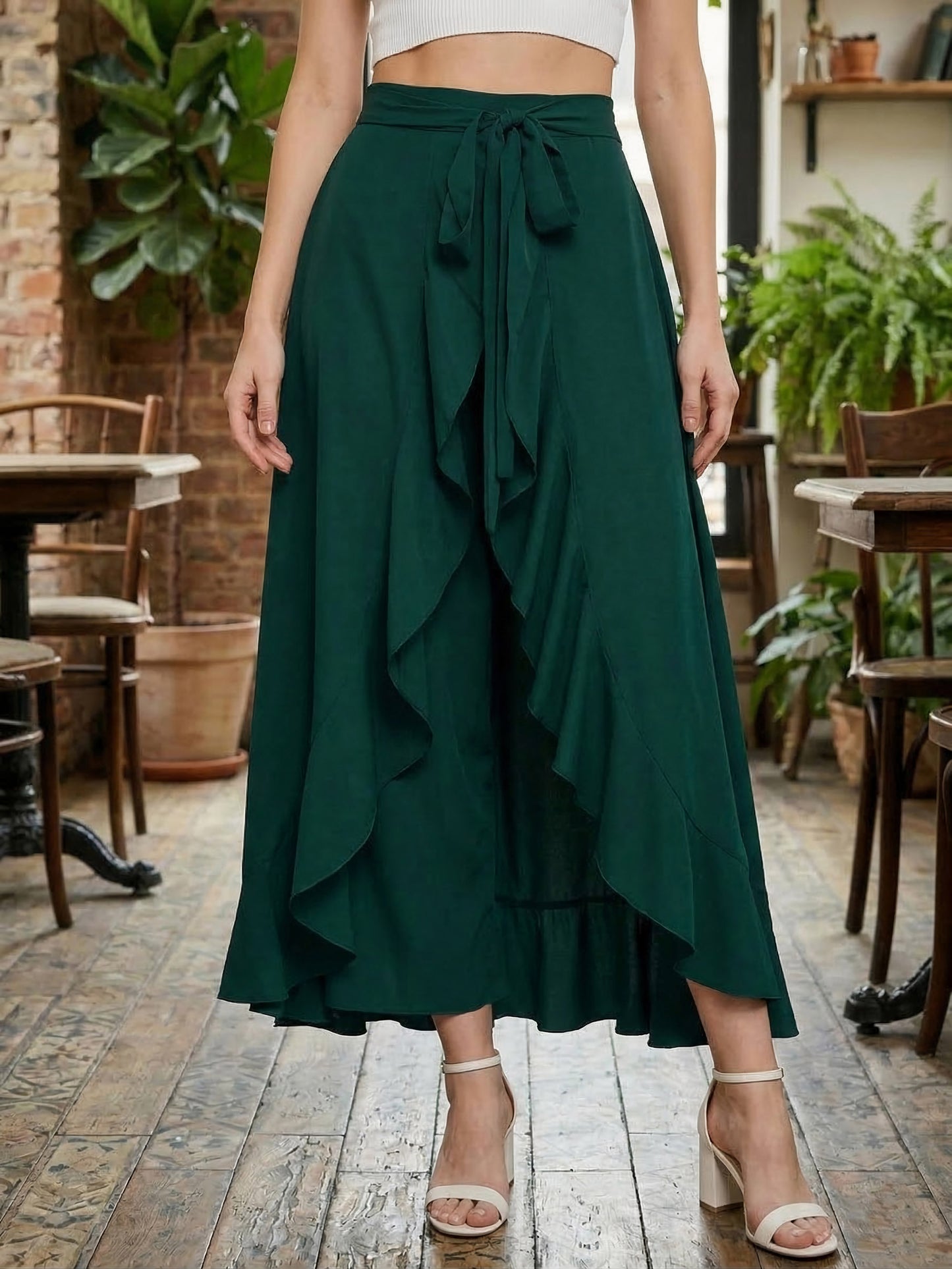 Berrylush Women Solid Green Waist Tie-Up Ruffled Maxi Skirt with Attached Trousers