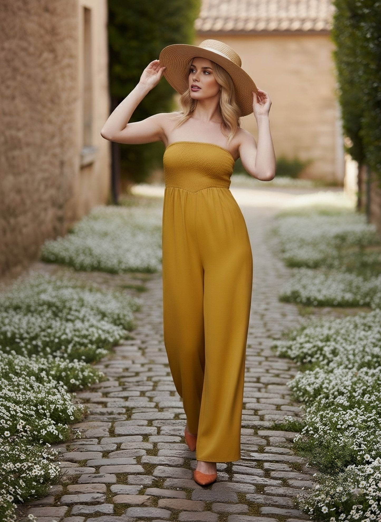 Berrylush Women Solid Yellow Off-Shoulder Neck Sleeveless Backless Wide Leg Smocked Maxi Jumpsuit
