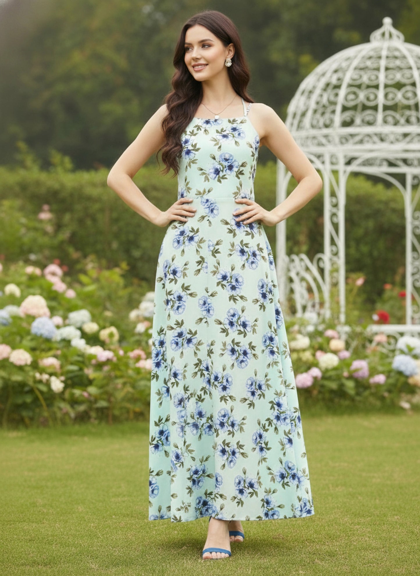 Berrylush Women Green Floral Print Tie-up Maxi Dress
