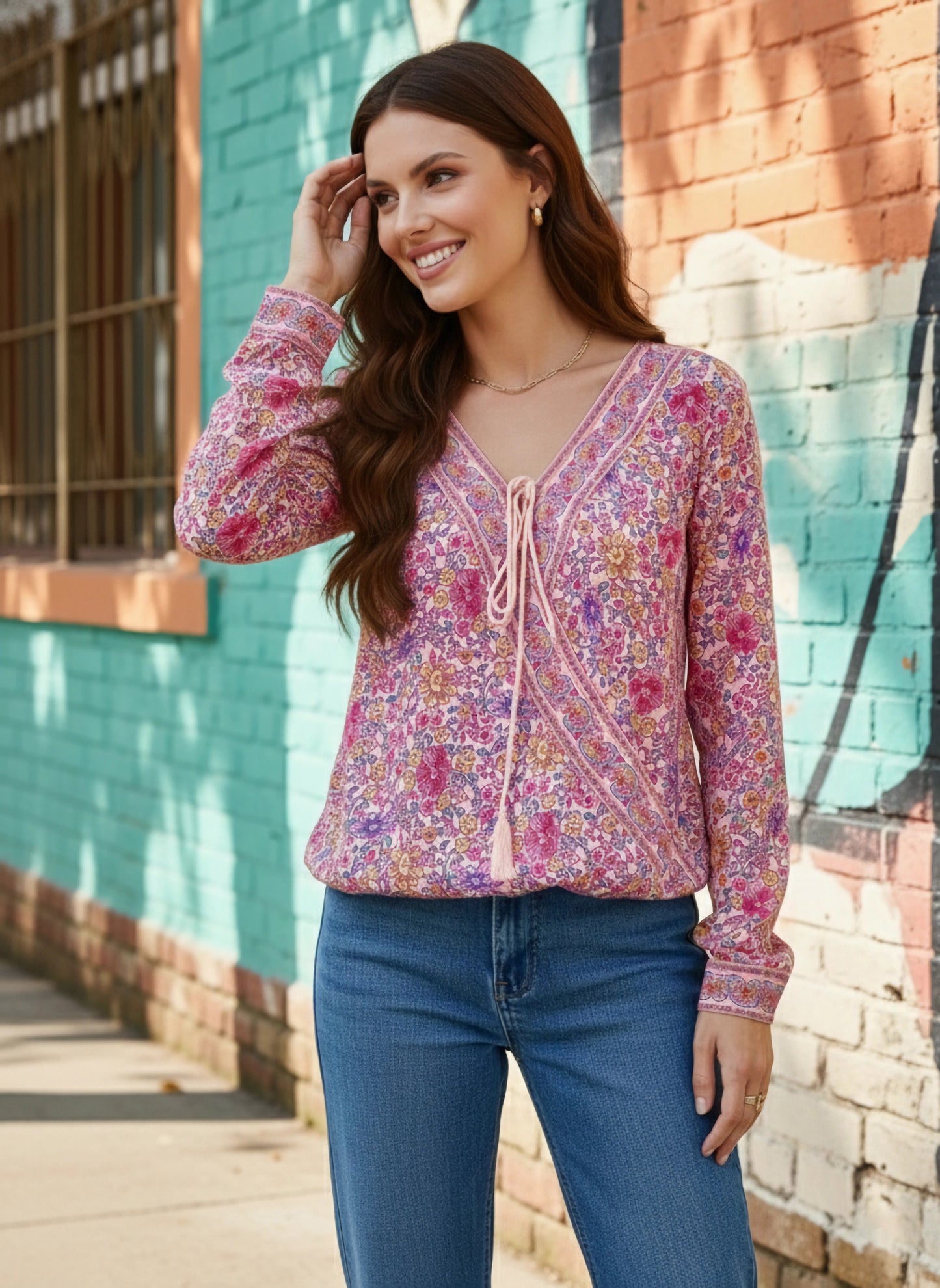Pink & White Floral Printed V-Neck Front Tie-Up Polyester Wrap Regular Top
