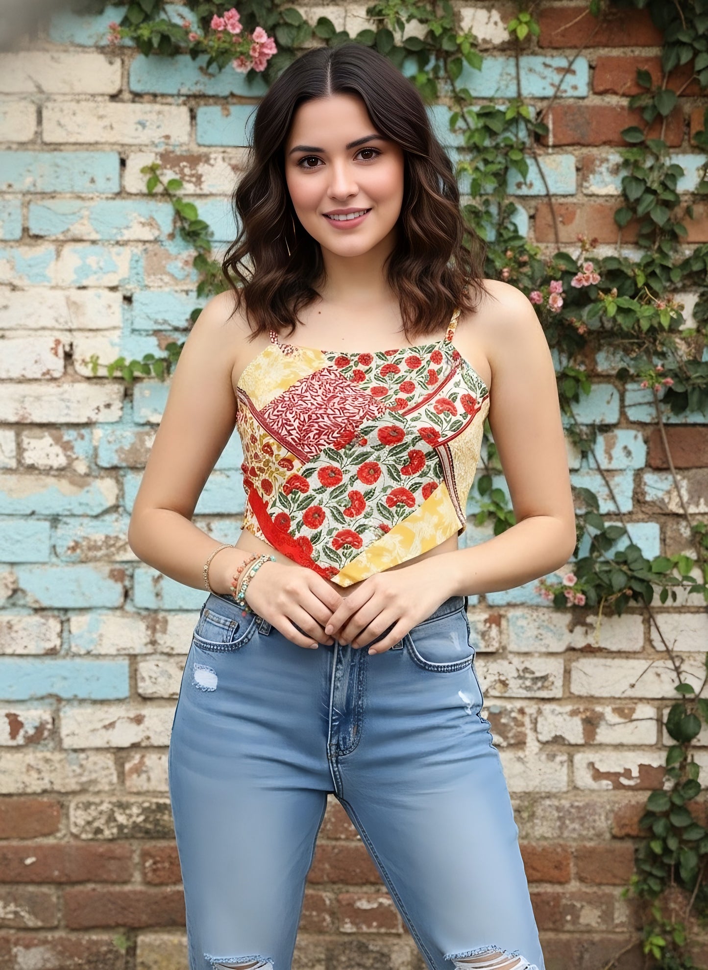 Berrylush Women Red & White Floral Print Crepe Tank Crop Top