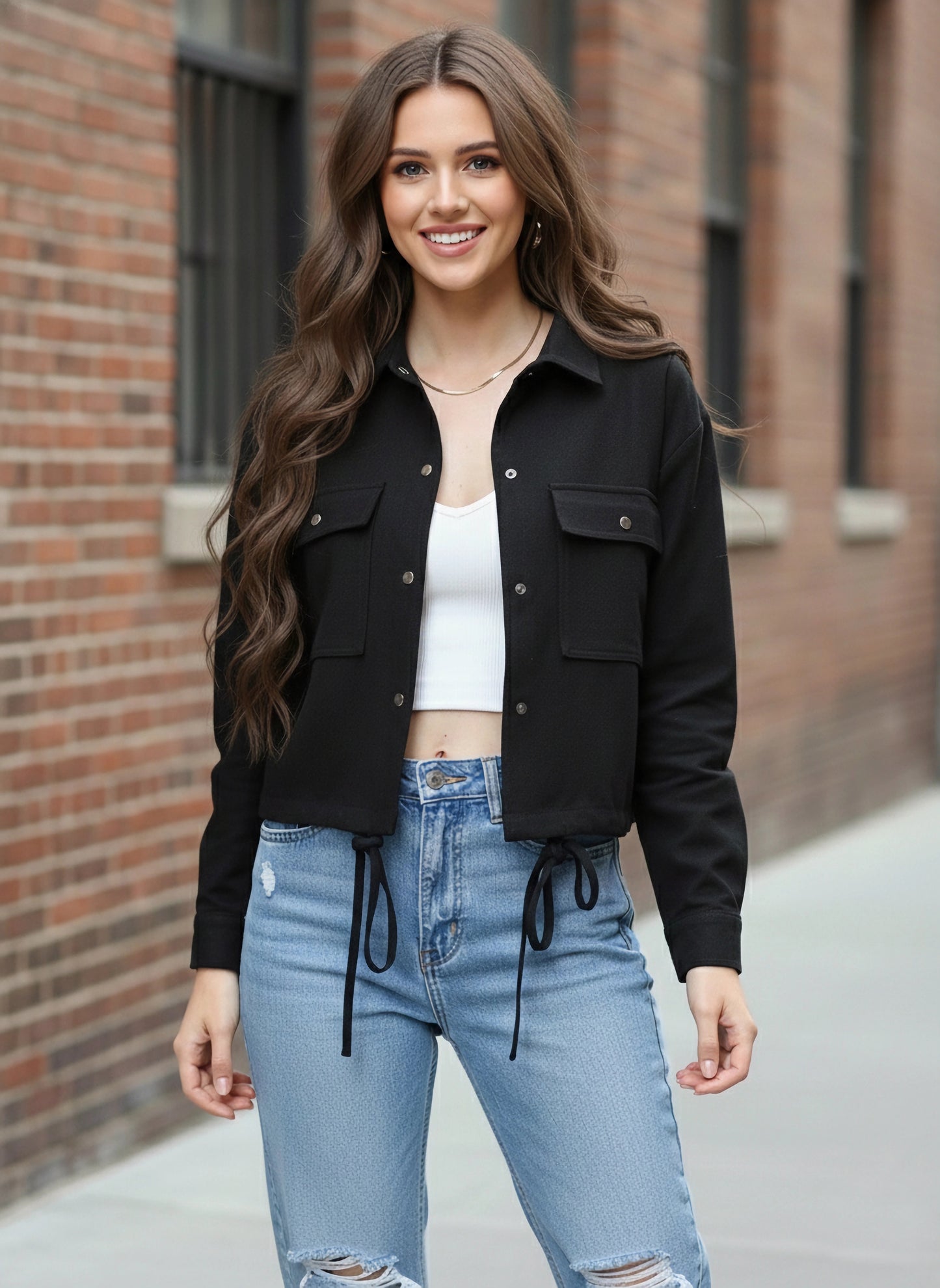 Berrylush Women Solid Black Spread Collar Neck Front Snap-Button Cotton Straight Hem Regular Jacket