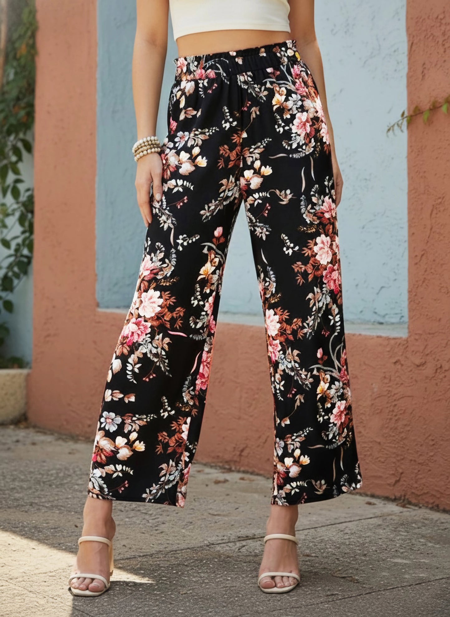 Berrylush Women Black & White Floral Printed High-Rise Elastic Waist Slip-On Regular Parallel Trousers