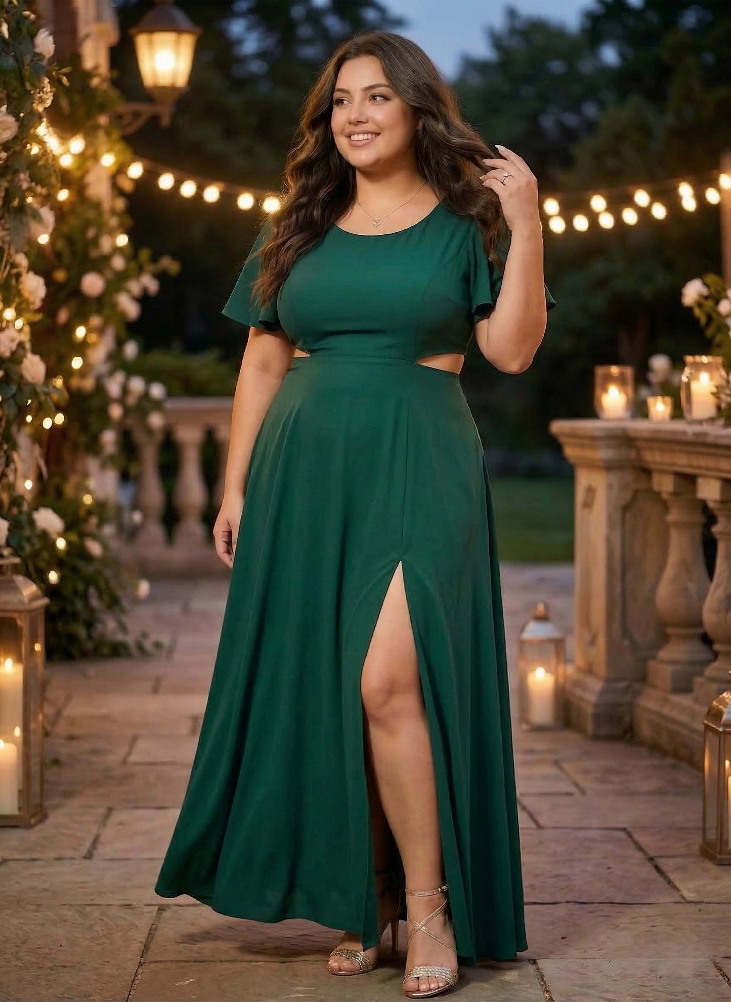 Plus Size Solid Green Round Neck Flutter Sleeve Back Cutout Thigh-High Slit Flared Maxi Dress