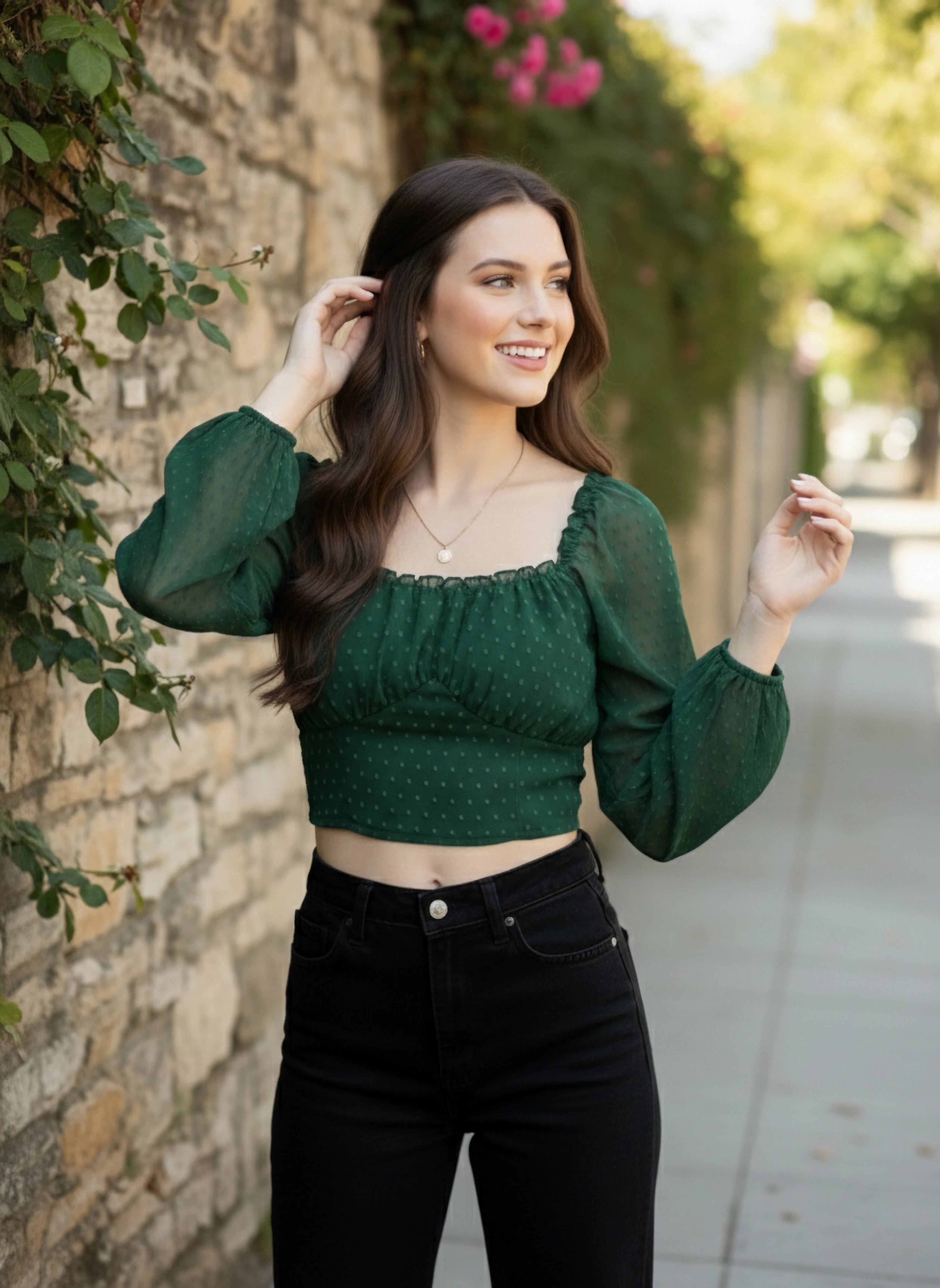 Berrylush Women Solid Green Dobby Weave Sweetheart Neck Puff Sleeve Cr