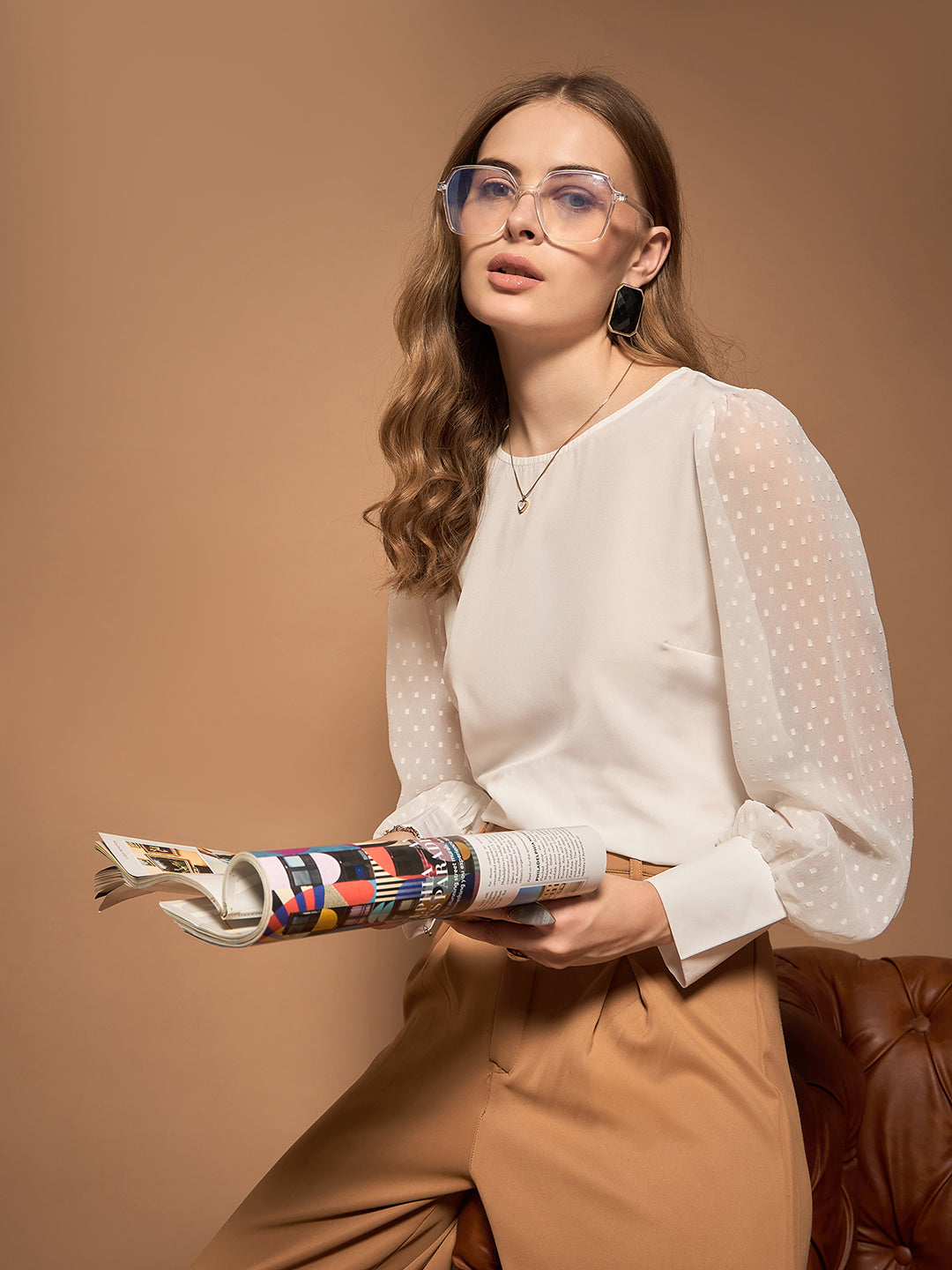 Berrylush BIZwear Women Solid White Dobby Weave Round Neck Long Sleeves Back Keyhole Button-Up Regular Top