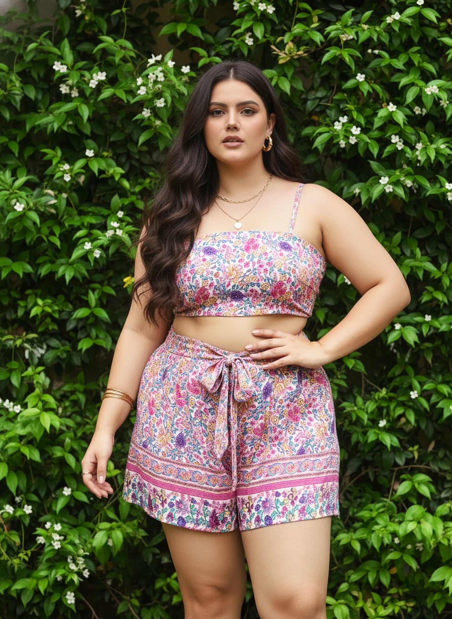 Berrylush Women Plus Size Pink & Purple Floral Printed Crop Top & Tie-Up Front Shorts With Kimono