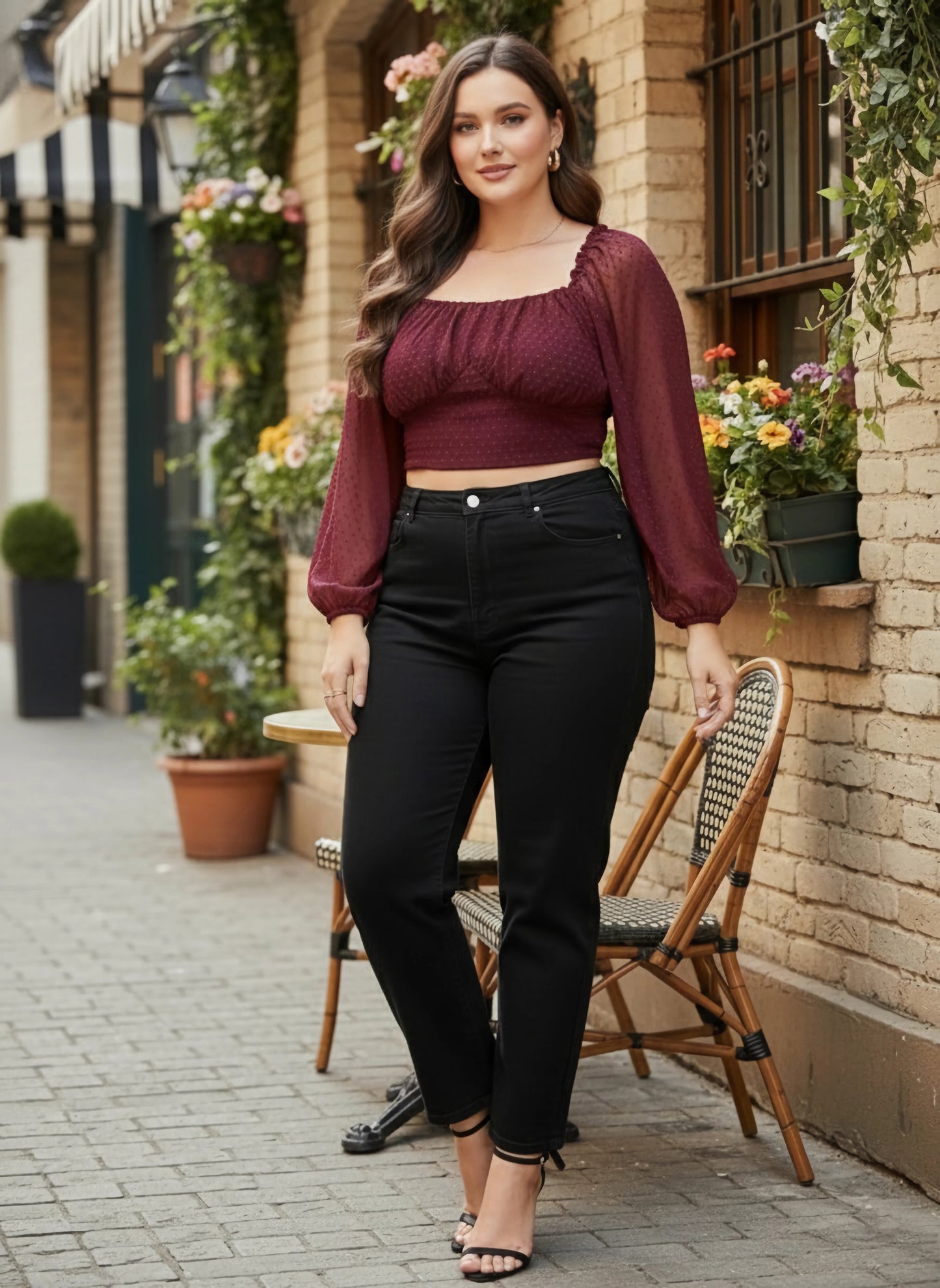 Berrylush Women Plus Size Solid Maroon Dobby Weave Sweetheart Neck Puff Sleeve Georgette Smocked Crop Top