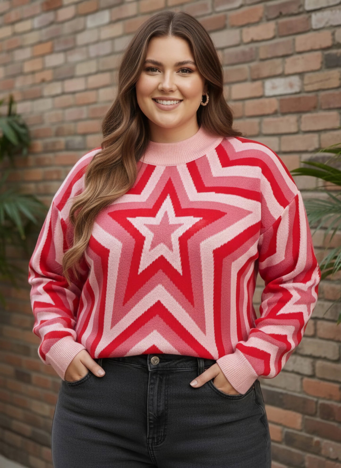 Berrylush Curve Women Pink Star Printed Round Neck Acrylic Ribbed Hem Regular Sweater