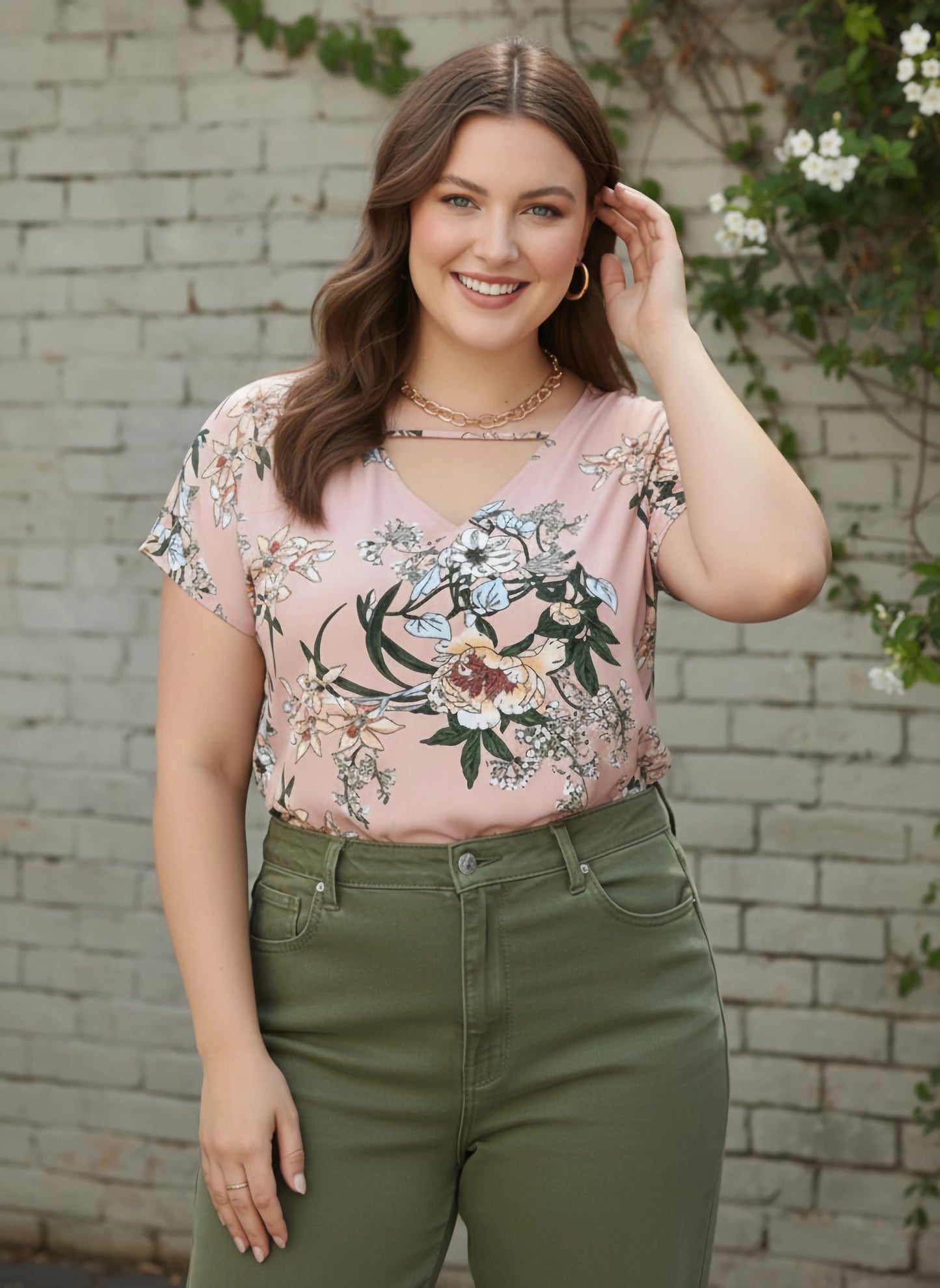 Berrylush Women Plus Size Pink & Green Floral Printed V-Neck Woven Crepe Regular Top