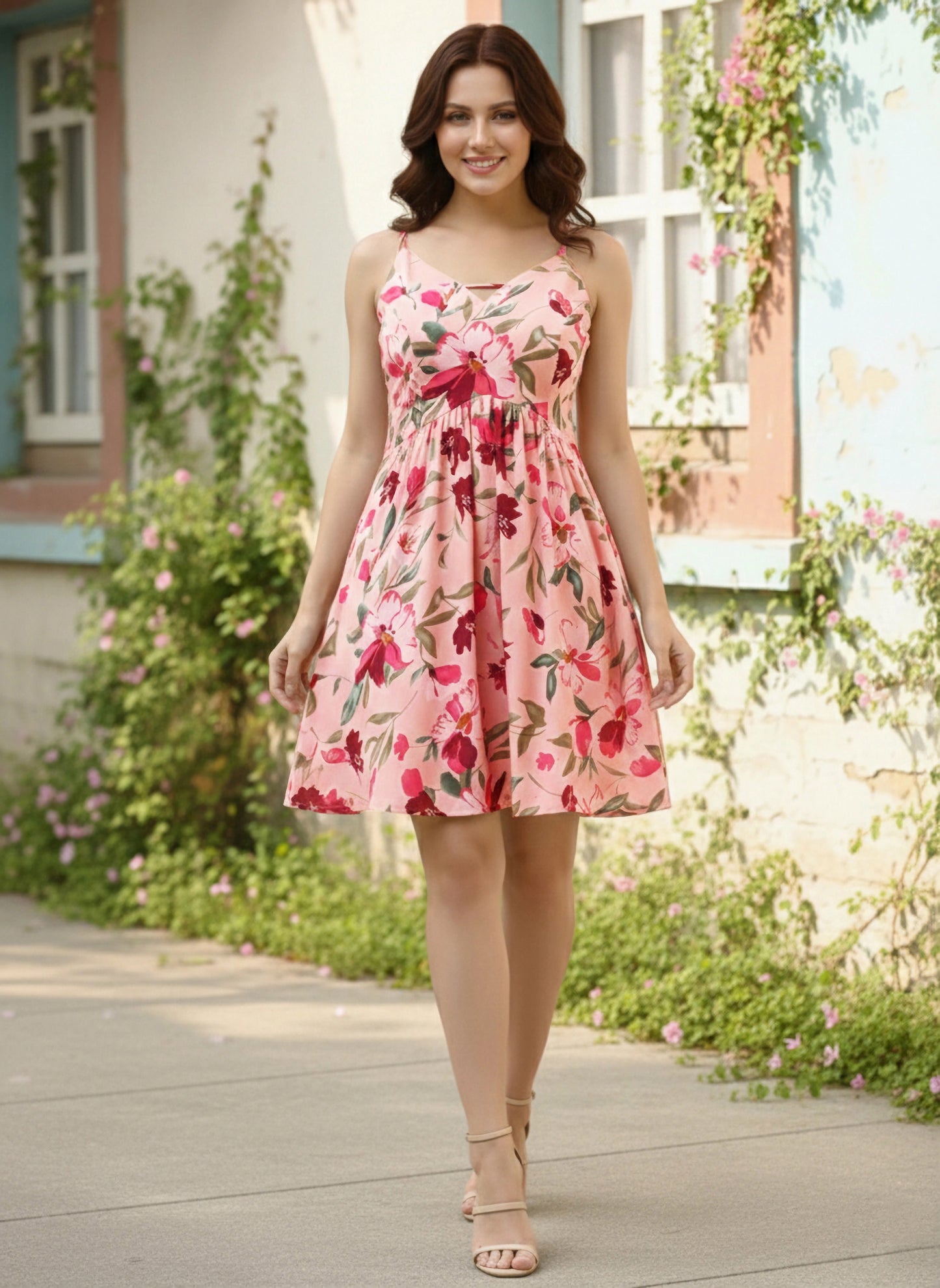 Berrylush Women Pink & Peach Floral Printed V-Neck Crisscross Back Fit & Flare Mini Dress