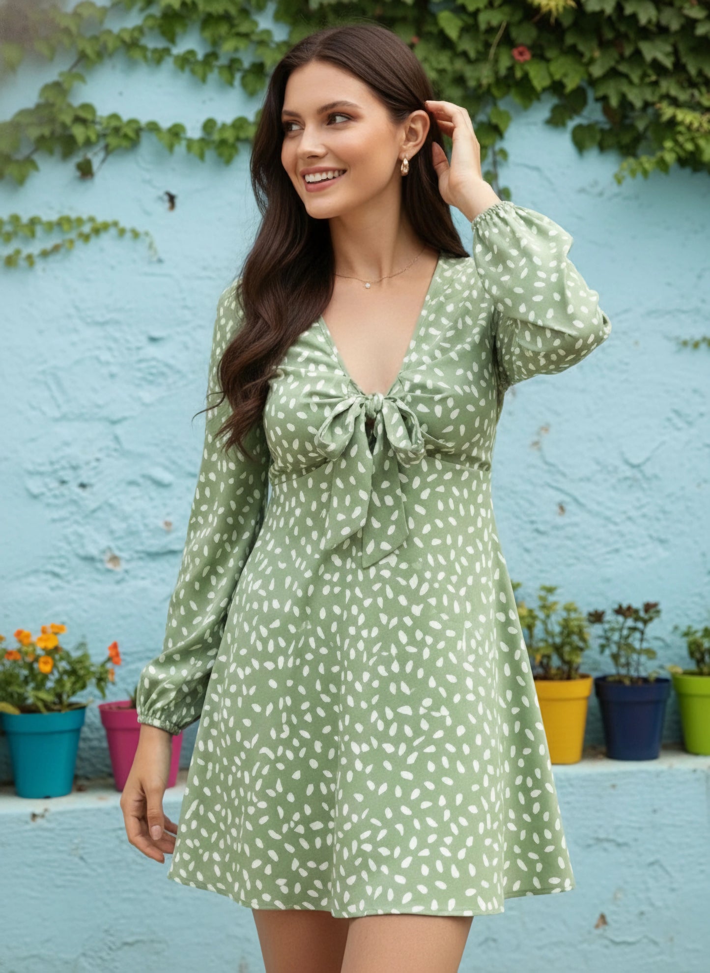 Berrylush Women Green & White Polka Dot Printed V-Neck Front Tie-Up Flared A-Line Mini Dress