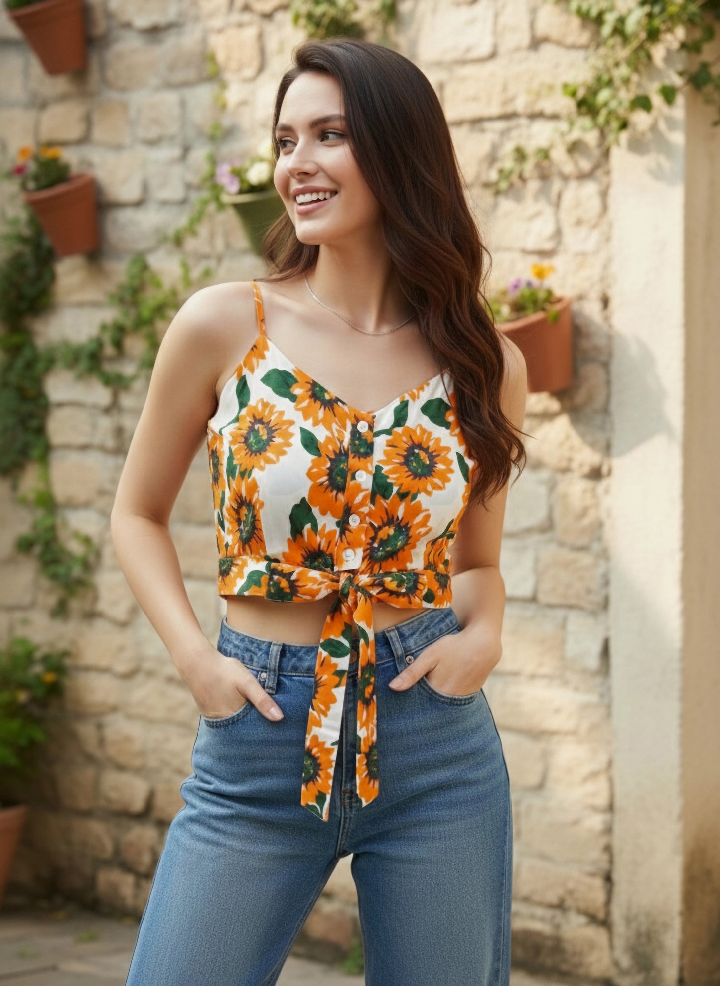 Berrylush Women Yellow & White Sunflower Printed Tie-Up Crop Top