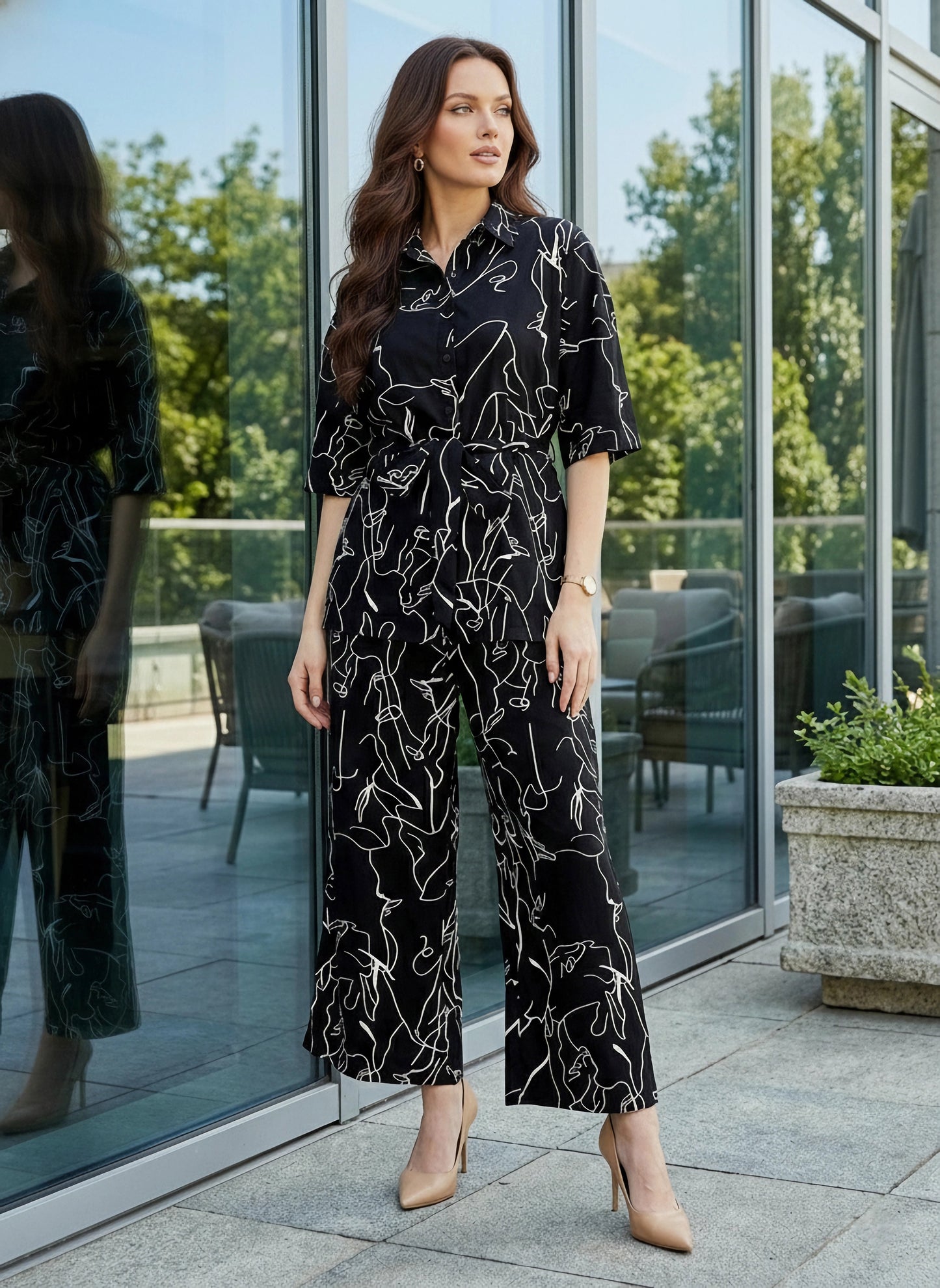 Berrylush BIZwear Women Black & White Abstract Printed Shirt Collar Neck Tie-Up Belted Top & Wide Leg Pants Set