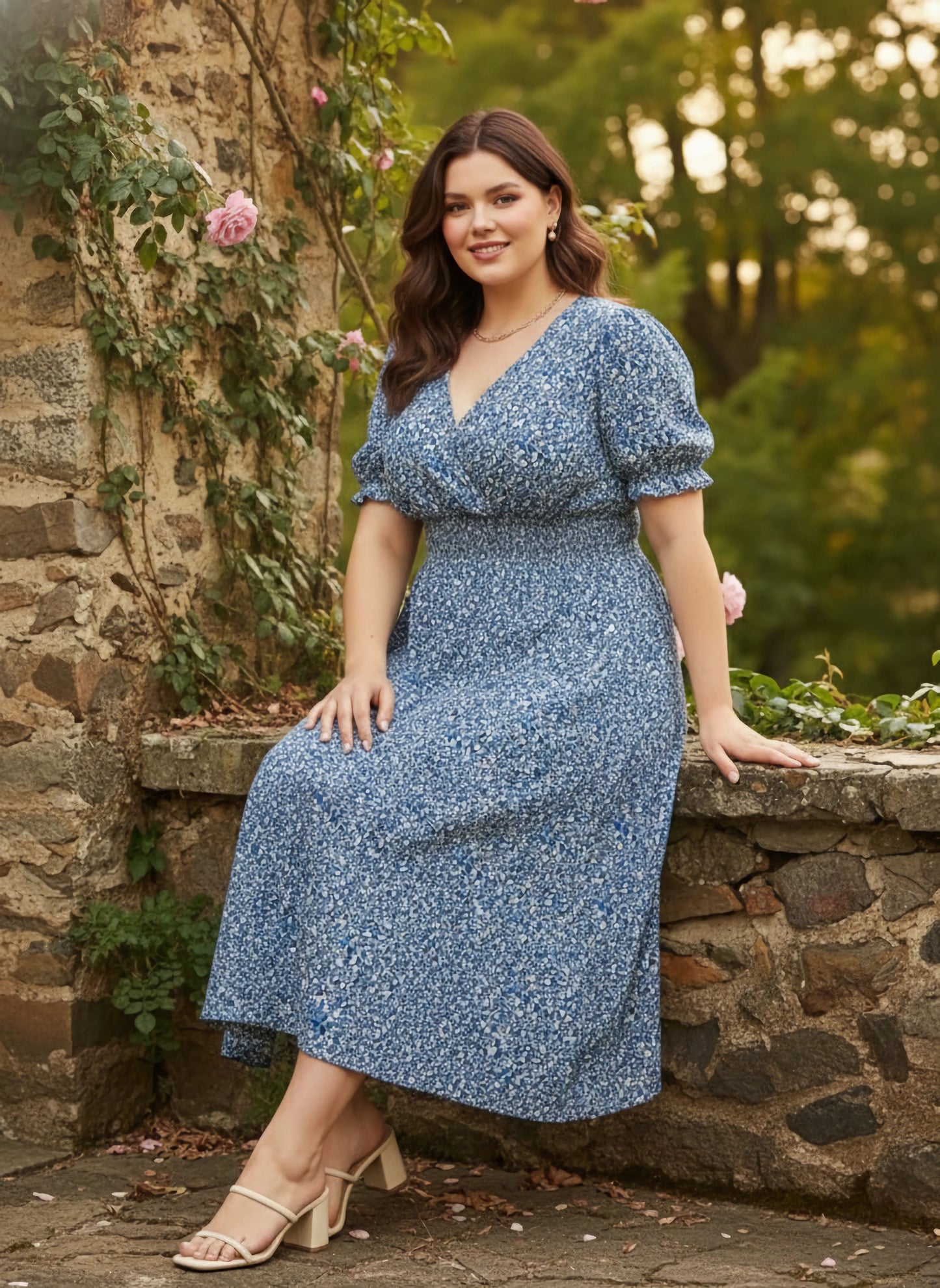 Curve Blue & White Floral Printed V-Neck Puff Sleeves Smocked Waist A-line Maxi Dress