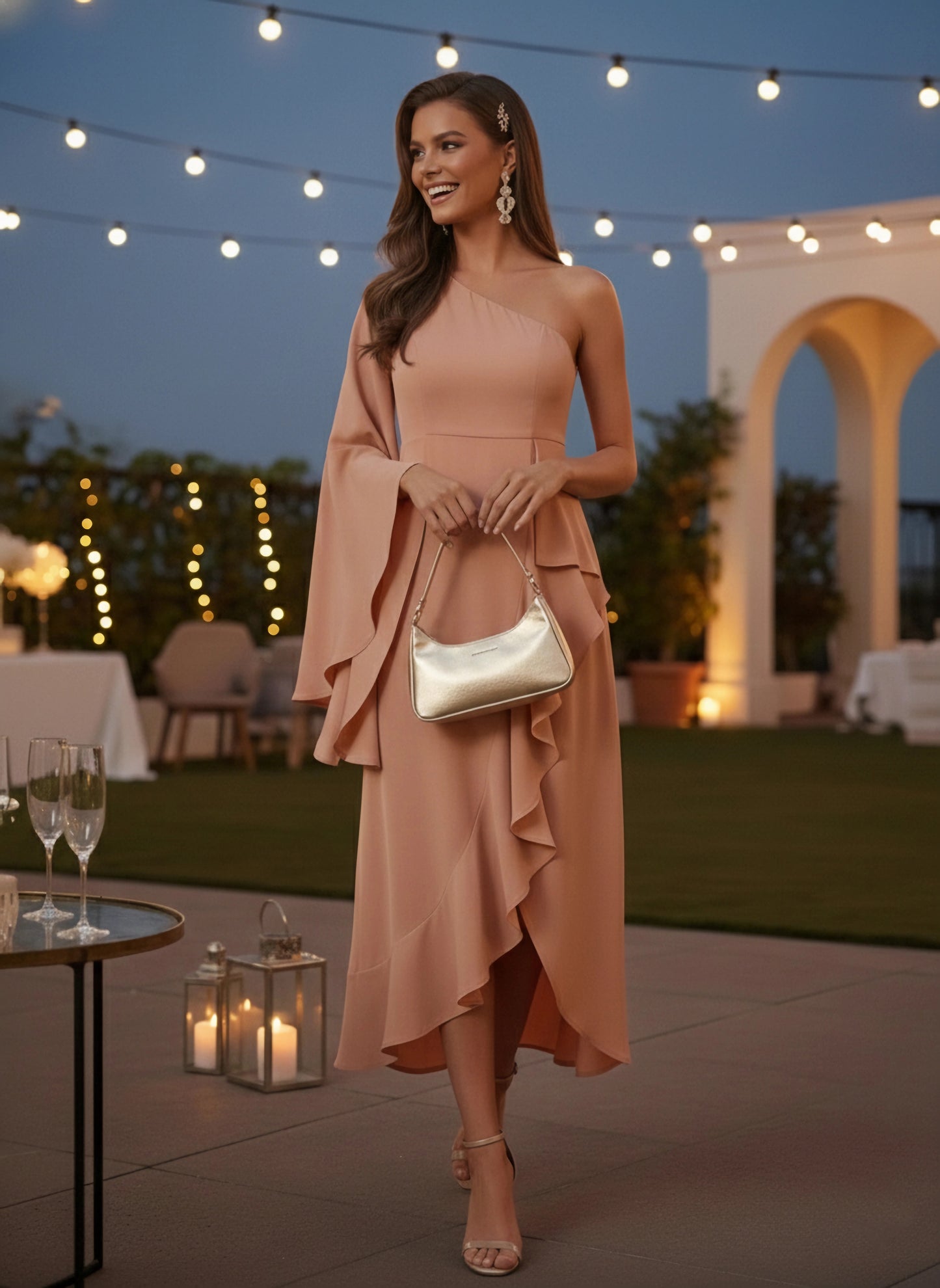 Berrylush Women Solid Pink One-Shoulder Ruffled Asymmetrical A-Line Maxi Dress