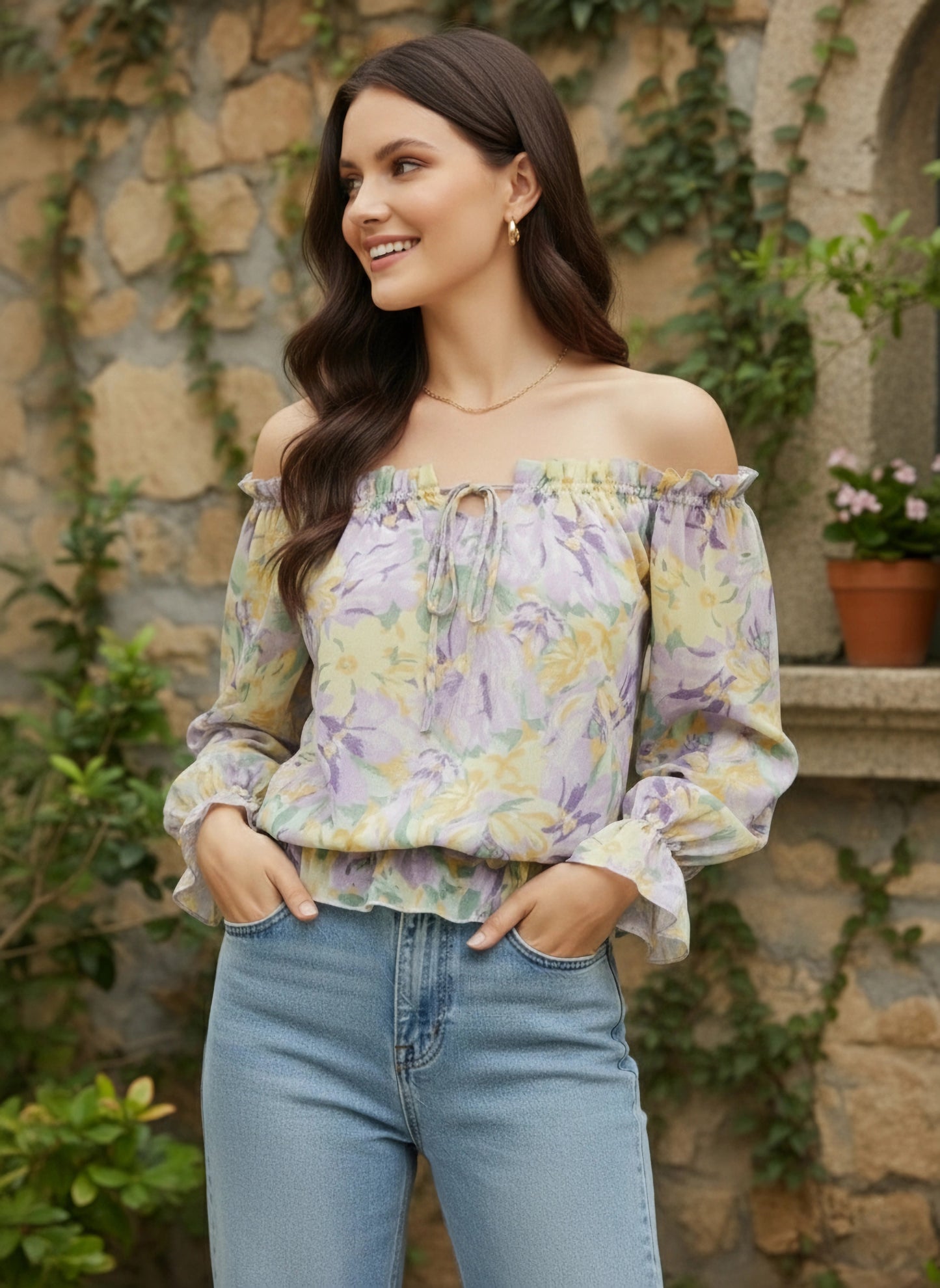 Purple & Yellow Floral Printed Off-Shoulder Neck Tie-Up Ruffled Regular Peplum Top