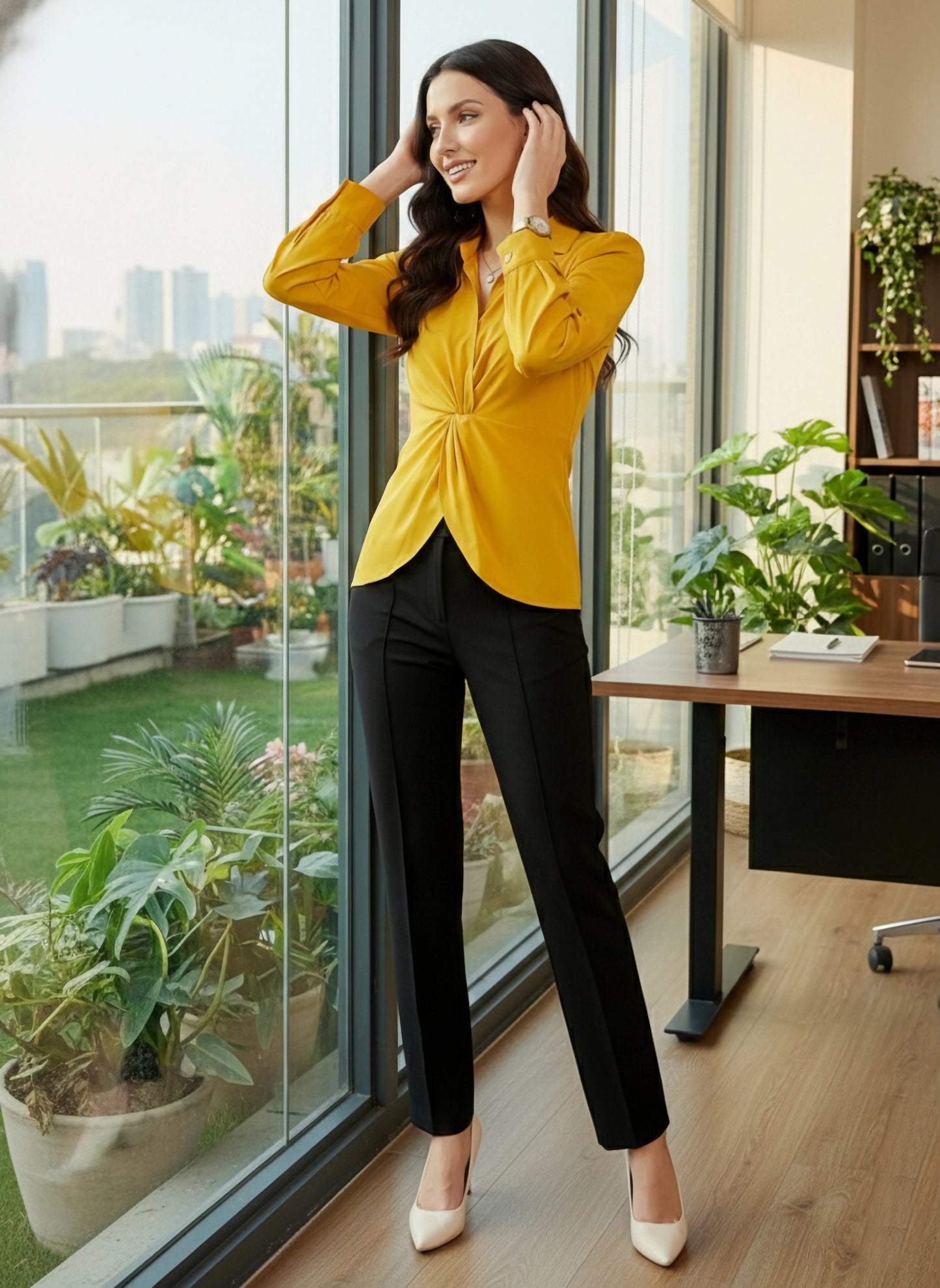 BIZwear Solid Yellow Shirt Collar Neck Cuffed Sleeve Asymmetrical Hem Twisted Regular Top