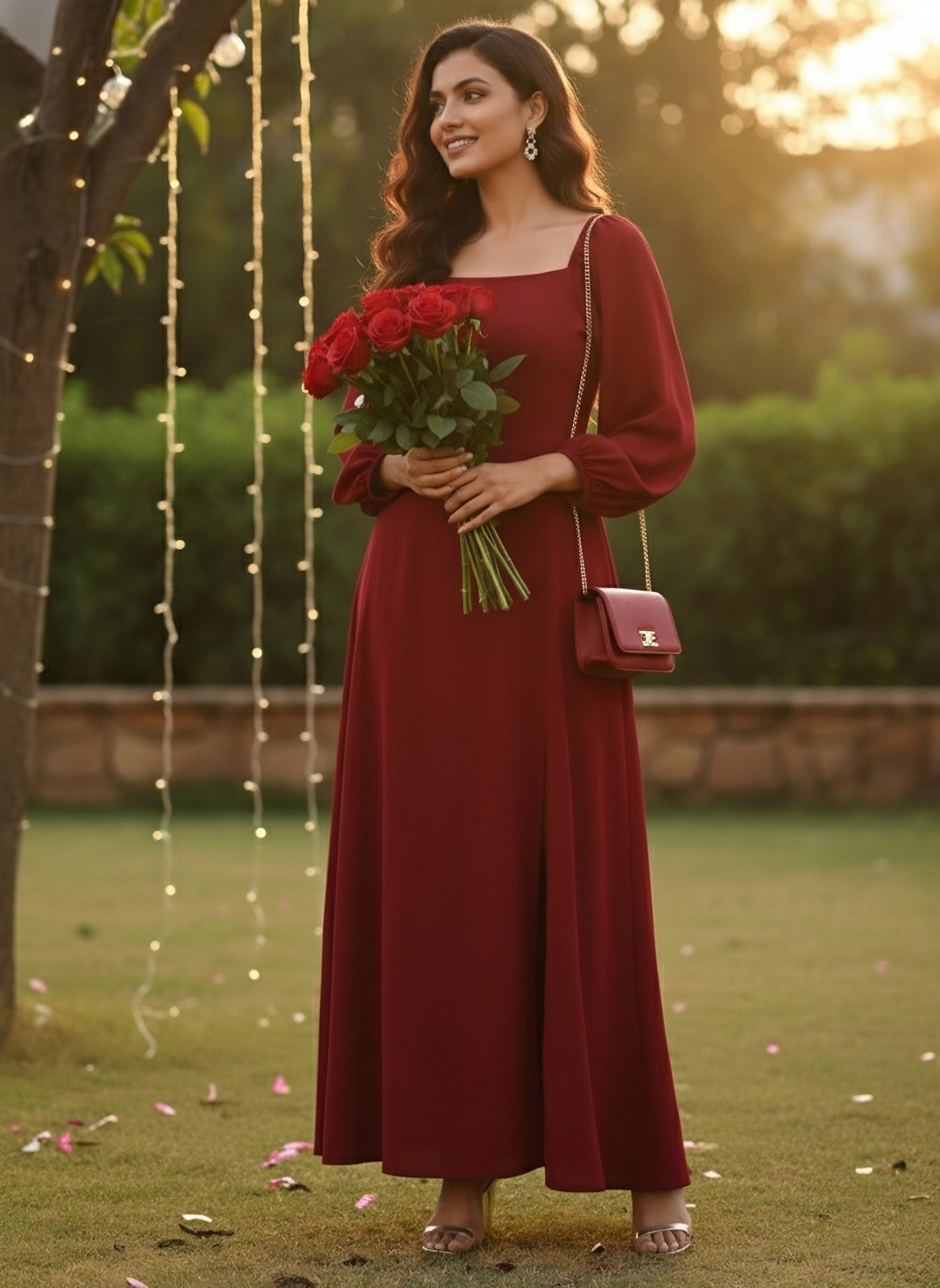 Berrylush Women Solid Red Puffed Sleeve Maxi Dress