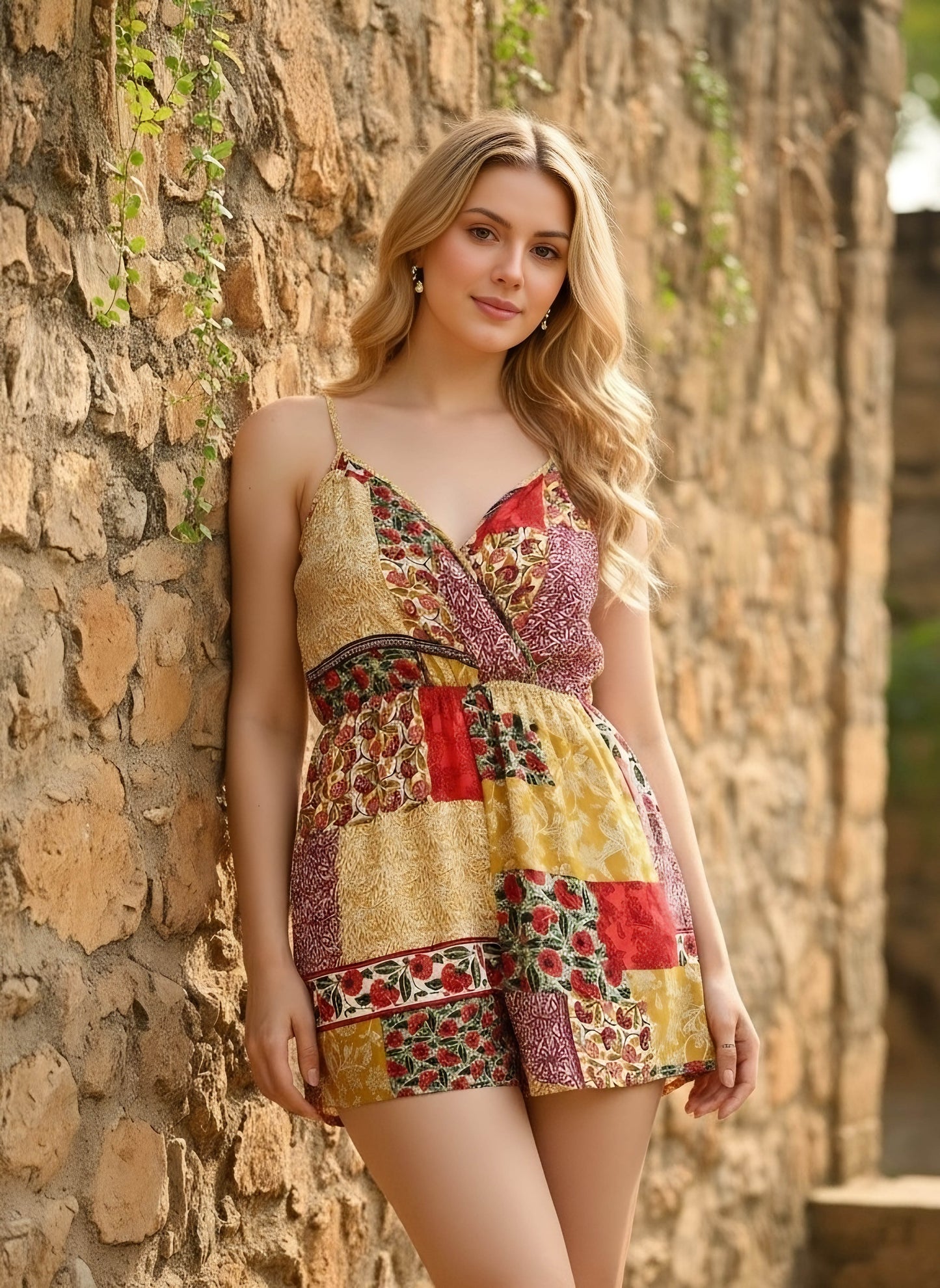 Berrylush Women Red & Yellow Floral Printed V-Neck Sleeveless Straight Hem Wrap Gathered Mini Jumpsuit