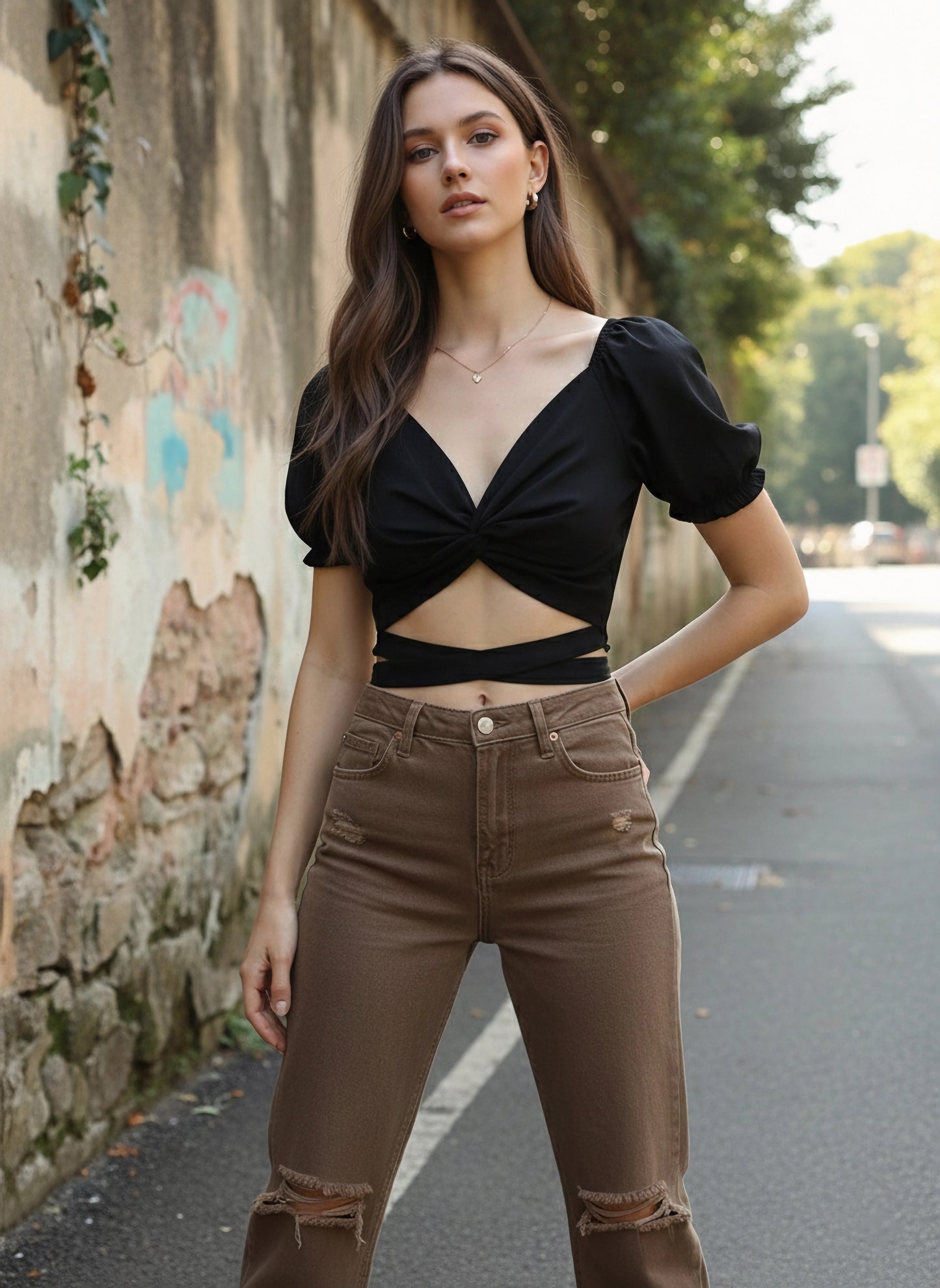Berrylush Women Solid Black Sweetheart Neck Front Twist Waist Tie-Up Crepe Wrap Crop Top