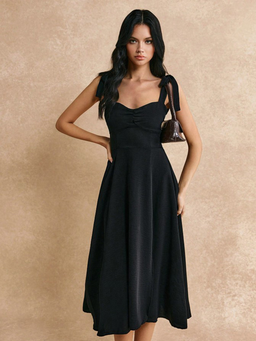 Berrylush Women Black Solid Shoulder Straps Split Thigh A-Line Midi Dress