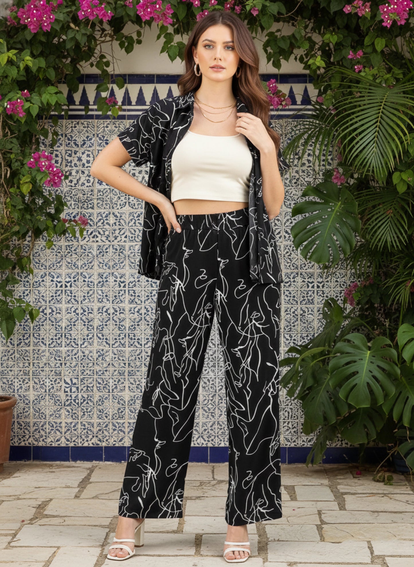 Berrylush Women Black & White Geometrical Printed Spread Collar Neck Straight Hem Regular Shirt & Wide-Leg Maxi Trousers Co-Ord Set