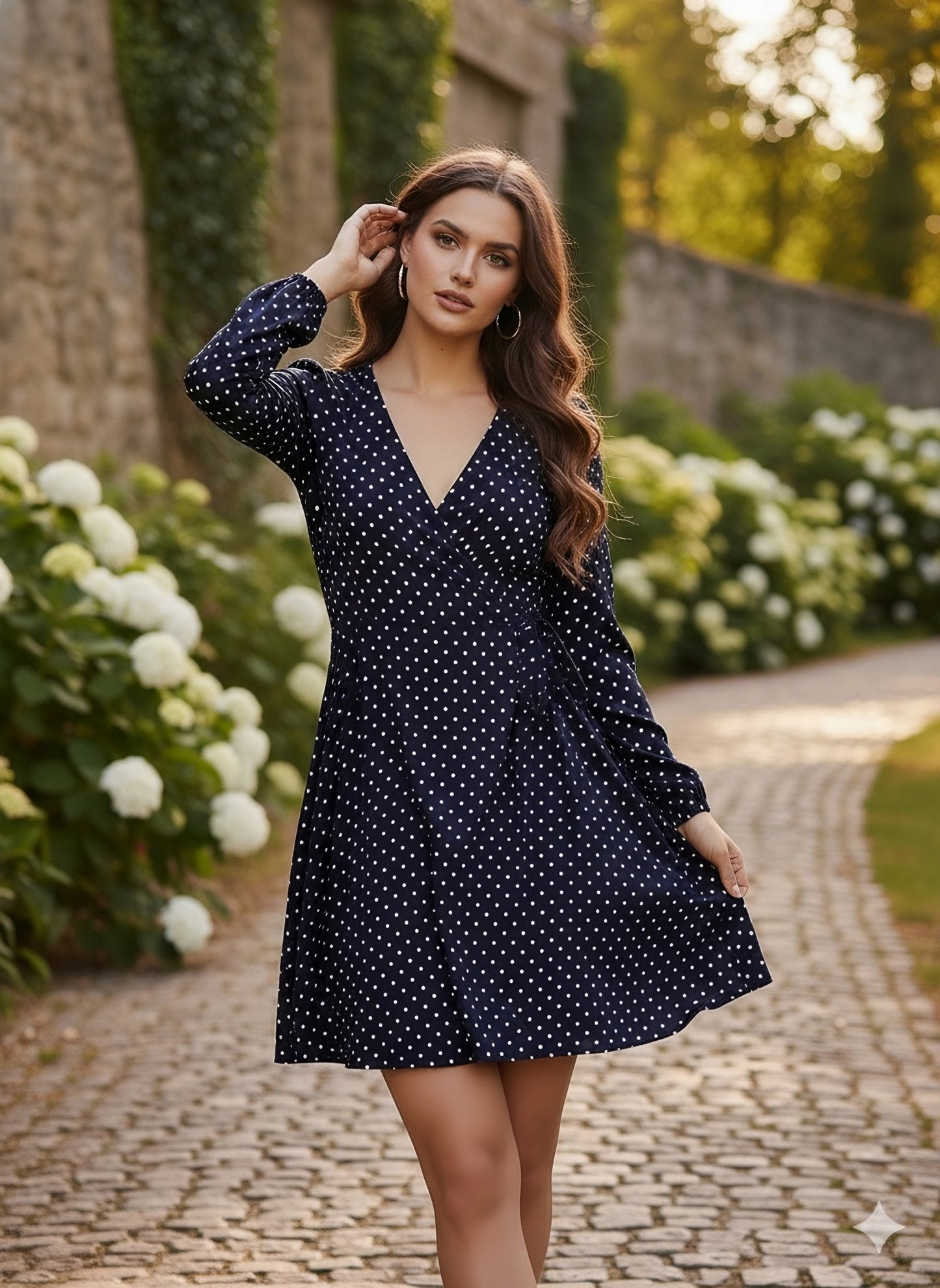 Berrylush Women Navy Blue Polka Dot Printed V-Neck Waist Tie-Up Fit & Flare Wrap Mini Dress