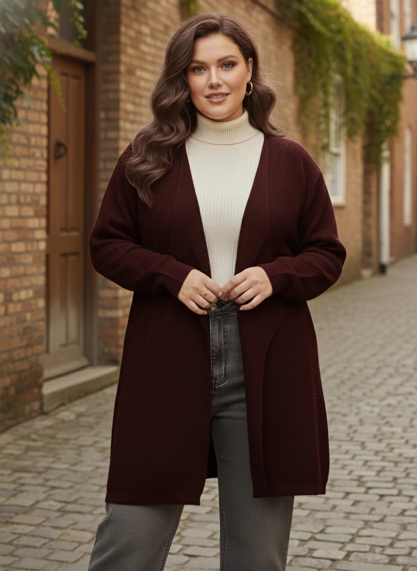 Berrylush Curve Women Solid Maroon Open-Front Acrylic Straight Hem Knitted Longline Cardigan