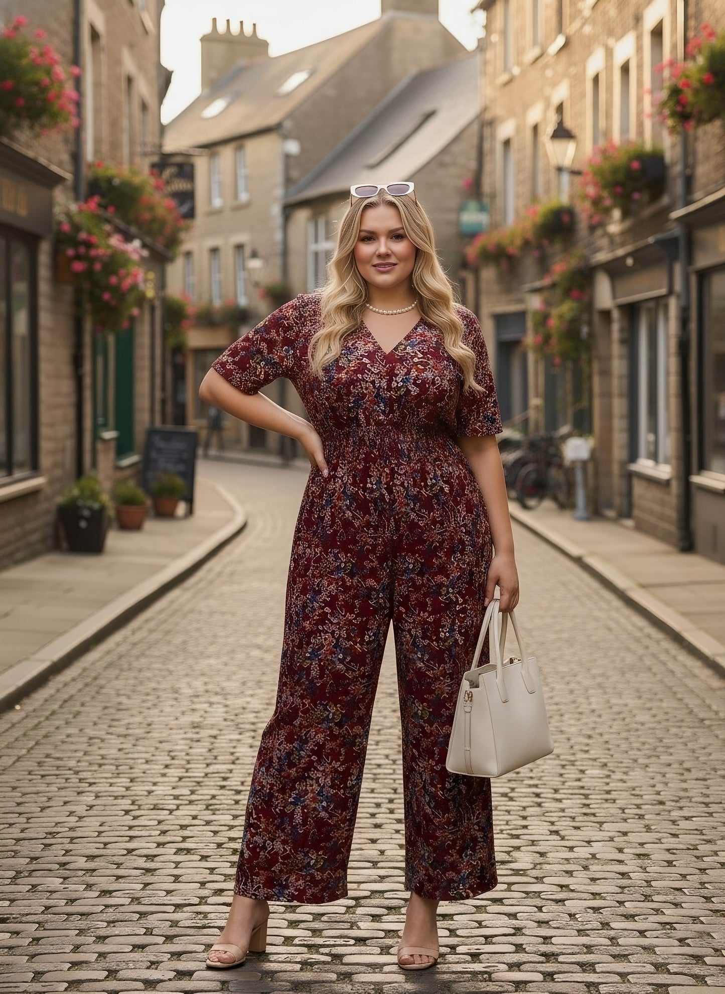 Berrylush Curve Women Maroon & Blue Floral Printed V-Neck Back Keyhole Smocked Maxi Jumpsuit