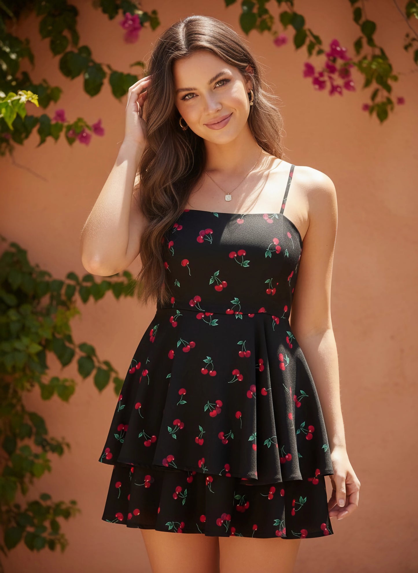 Berrylush Women Black & Red Cherry Printed V-Neck Sleeveless Back Tie-Up Cutout Layered Mini Jumpsuit