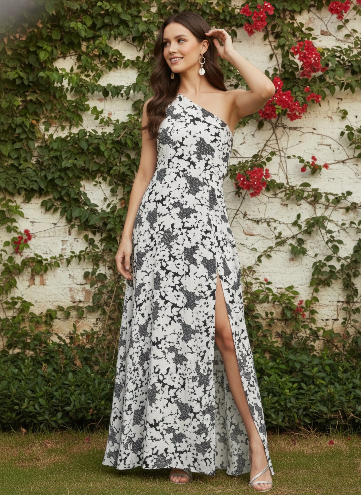 Berrylush Women Black & White Floral Printed One-Shoulder Flared Maxi Dress