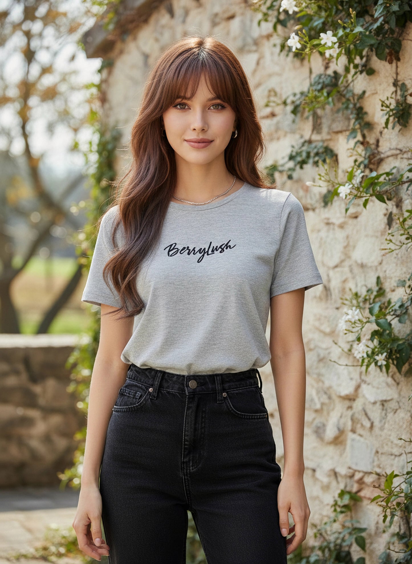 Solid Grey Round Neck Front Brand Logo Short Sleeves Knitted Regular T-Shirt