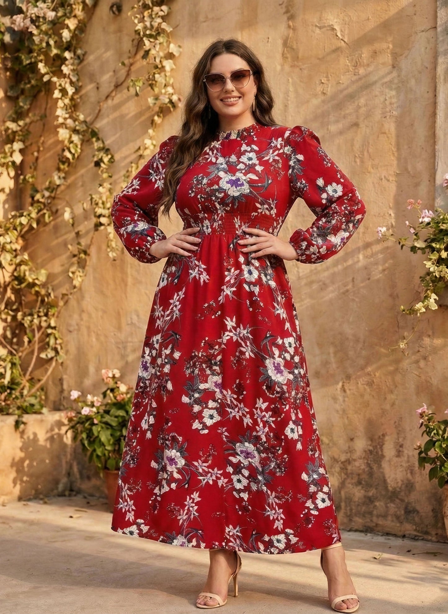 Berrylush Women Plus Size Red & White Floral Printed Mock Neck Smocked A-Line Maxi Dress