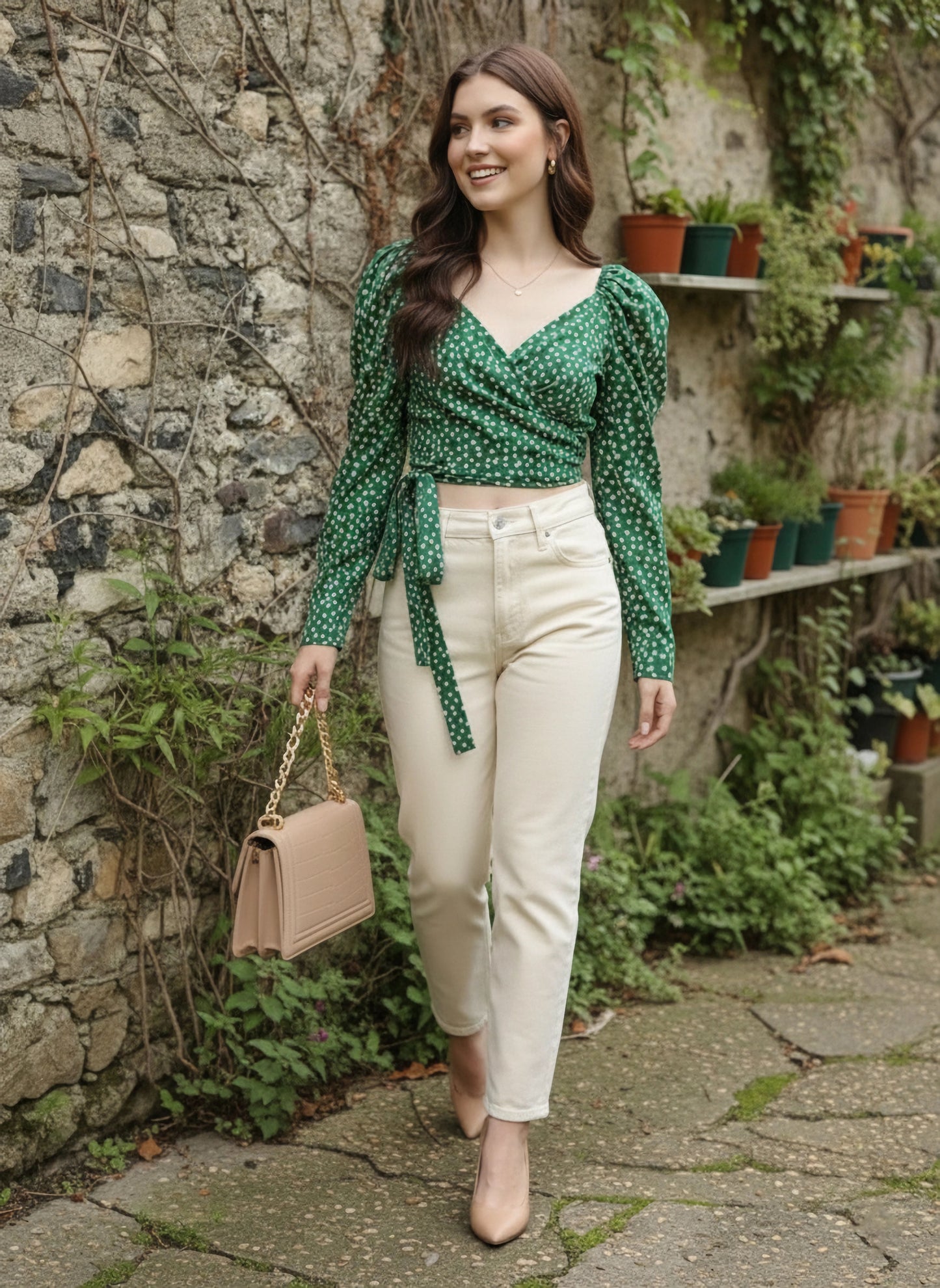 Berrylush Women Green & White Floral Printed V-Neck Crepe Wrap Top