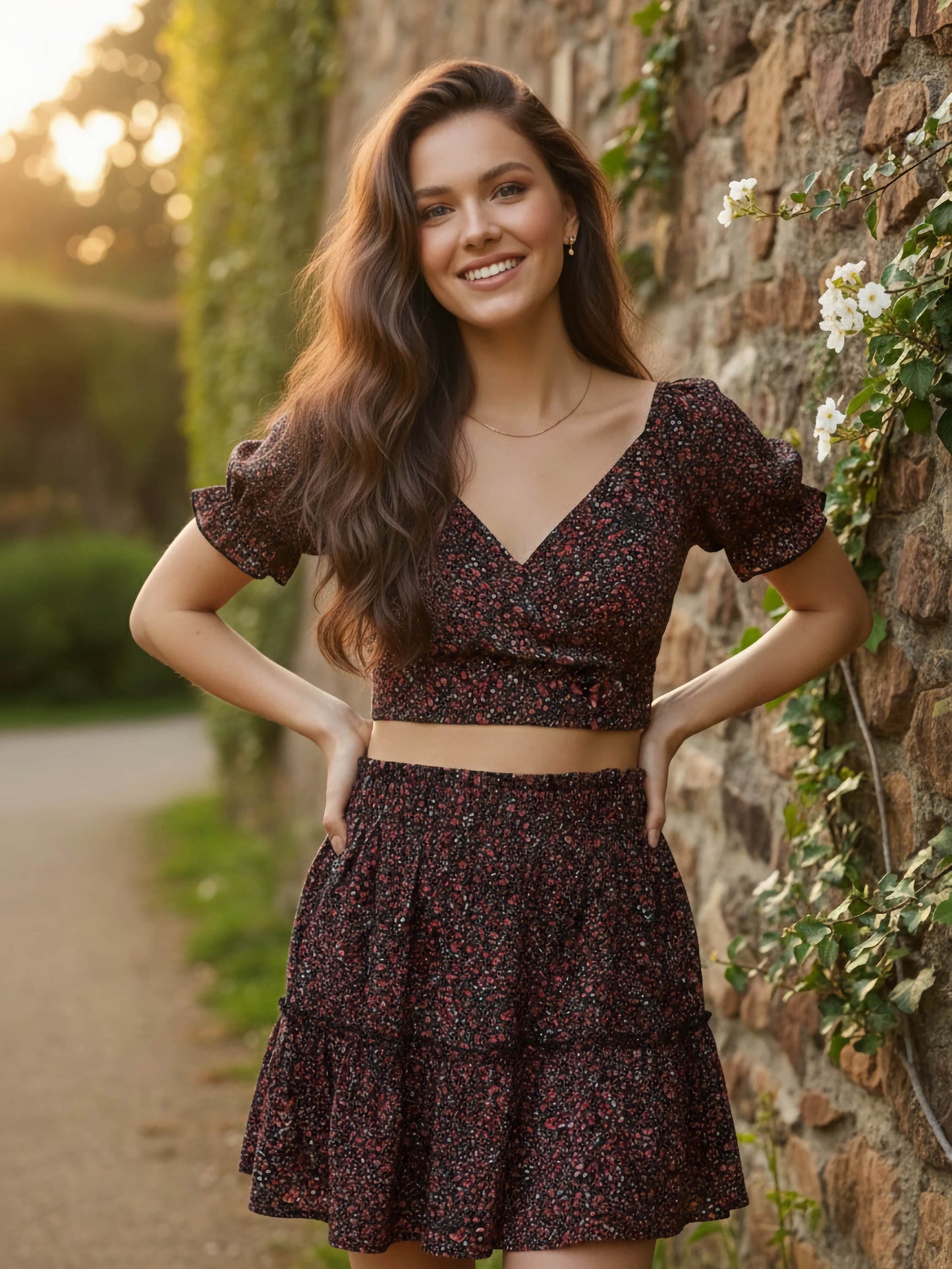 Berrylush Women Black Floral Printed Sweetheart Co-Ordinate Dress