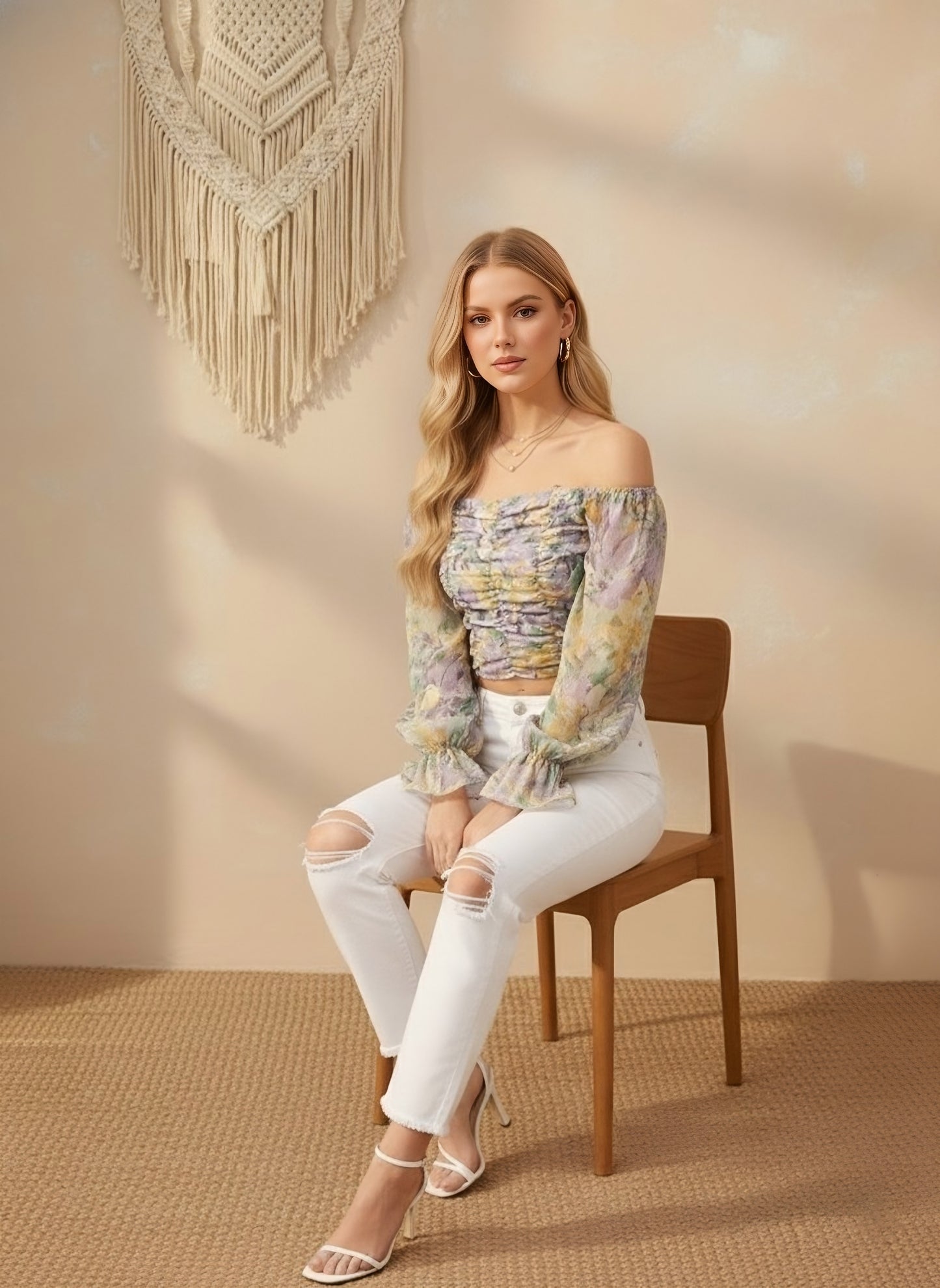 Berrylush Women Purple & Yellow Floral Printed Off-Shoulder Neck Bishop Sleeves Adjustable Shooulder Straps Georgette Pleated Crop Top