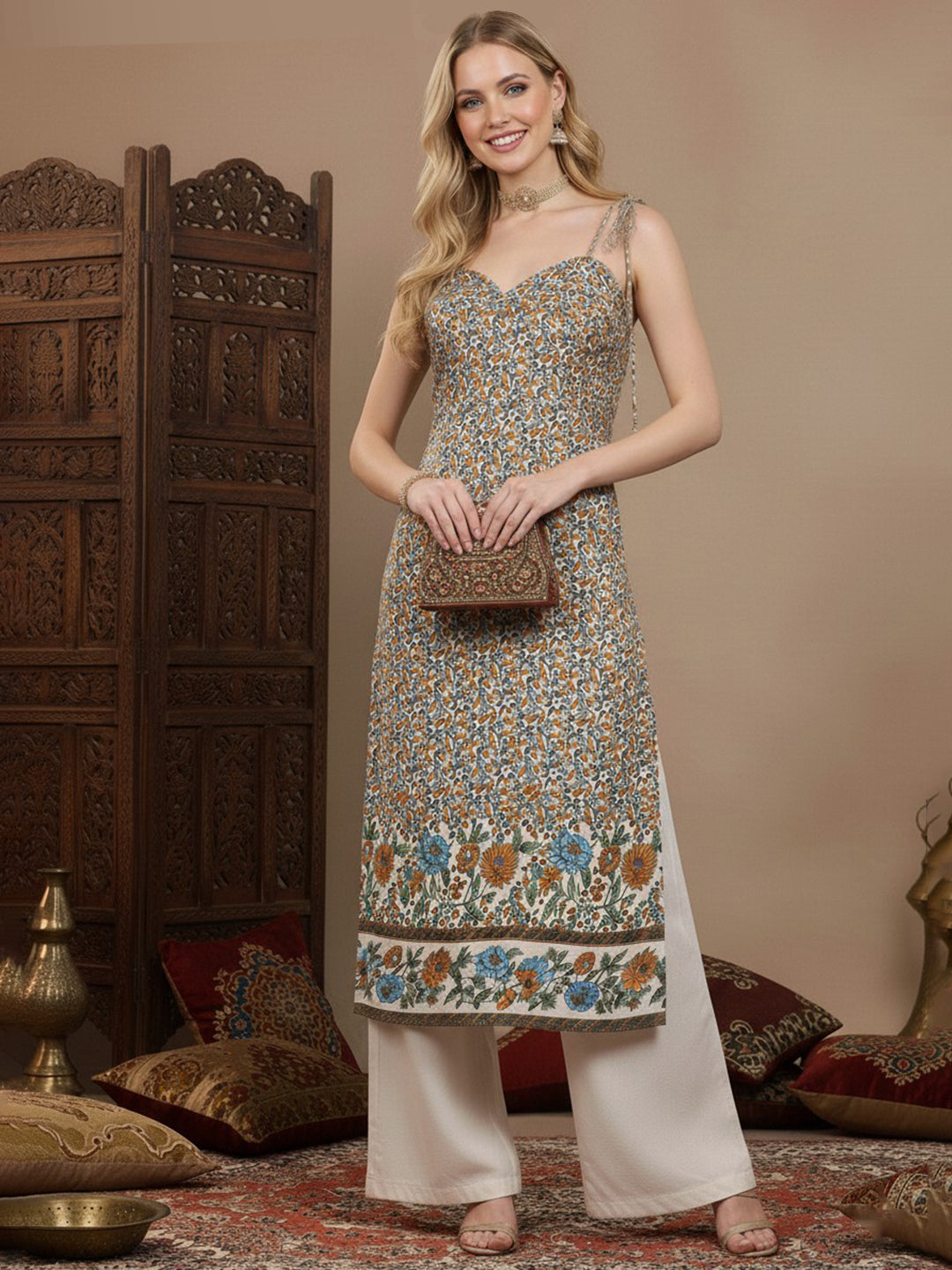 Berrylush Women White & Blue Floral Printed Sweetheart Neck Tie-Up Strap Straight Midi Kurta