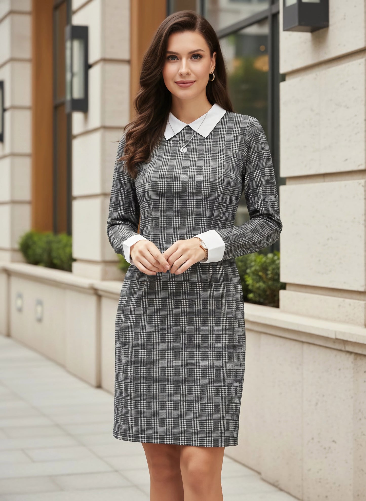 Berrylush BIZwear Women Black Houndstooth & Checked Print Contrast Collar Neck Straight Hem Knitted Bodycon Mini Dress