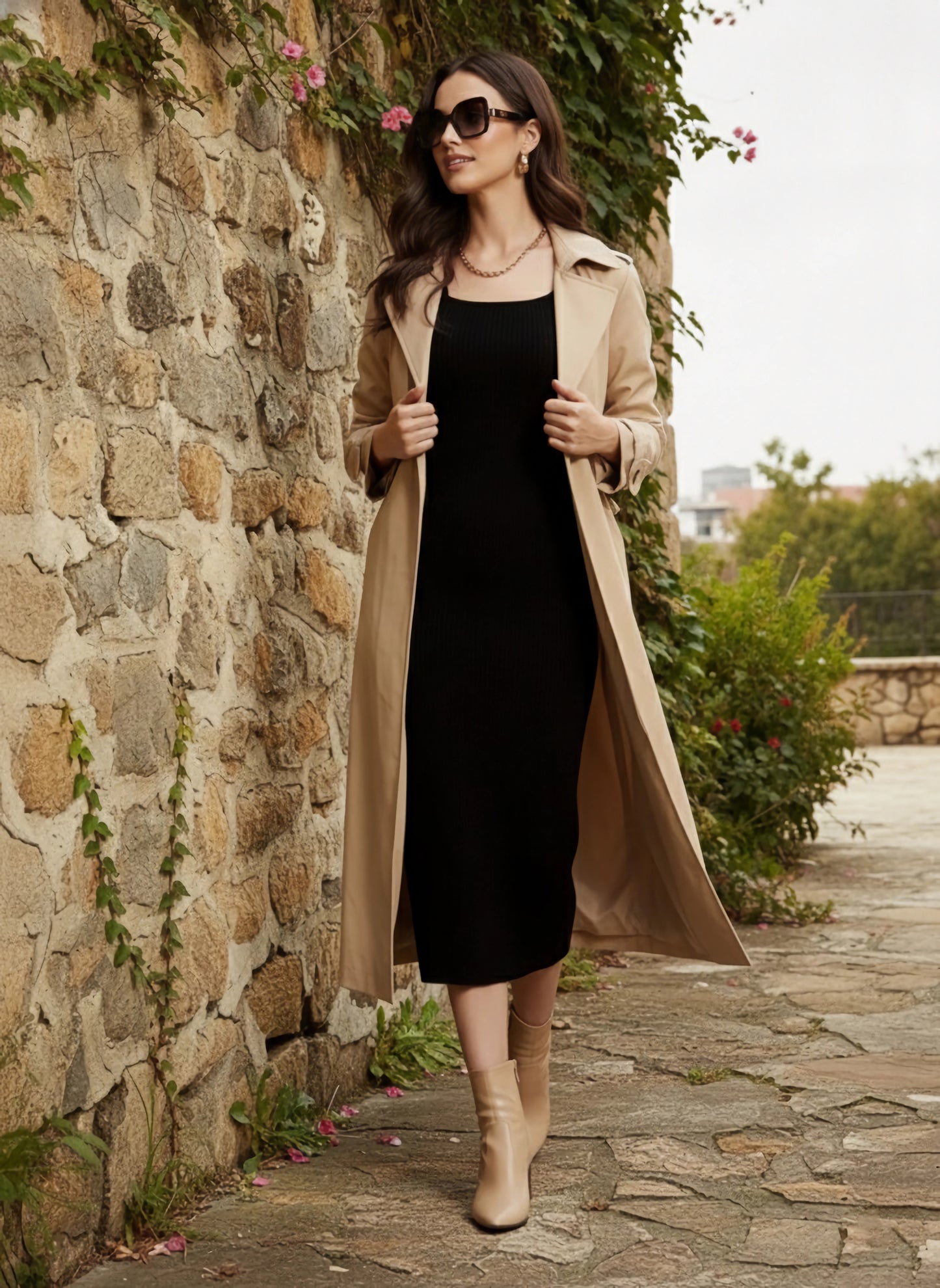 Berrylush Women Solid Black Scoop Neck Acrylic Thigh-High Slit Straight Hem Knitted Midi Sweater Dress