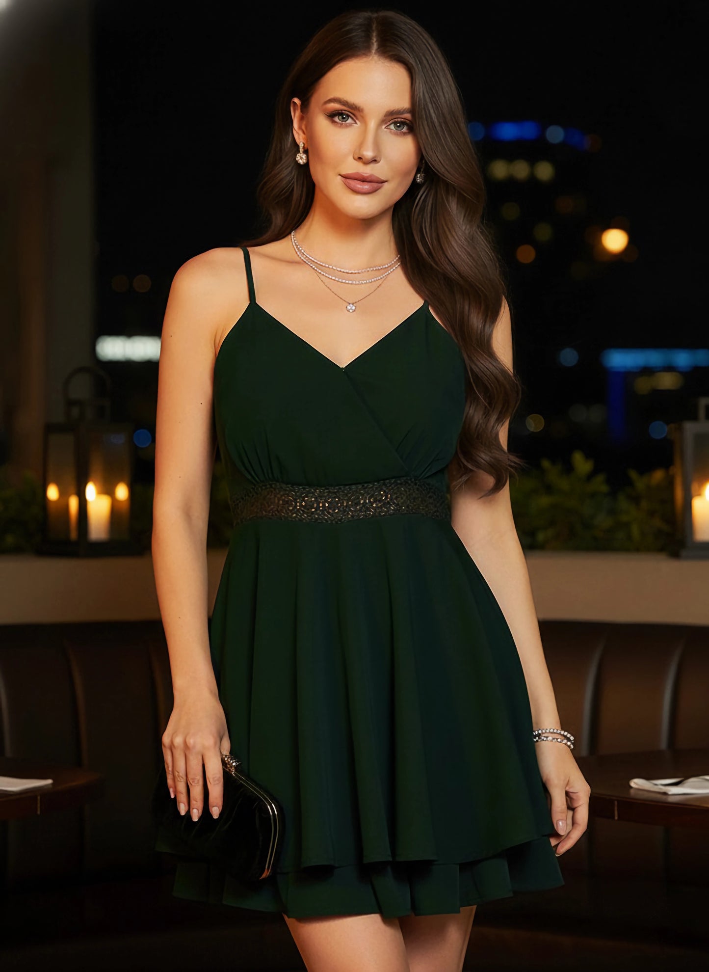 Solid Green V-Neck Sleeveless Waist Lace Inserts Zipper-Up Layered Mini Jumpsuit